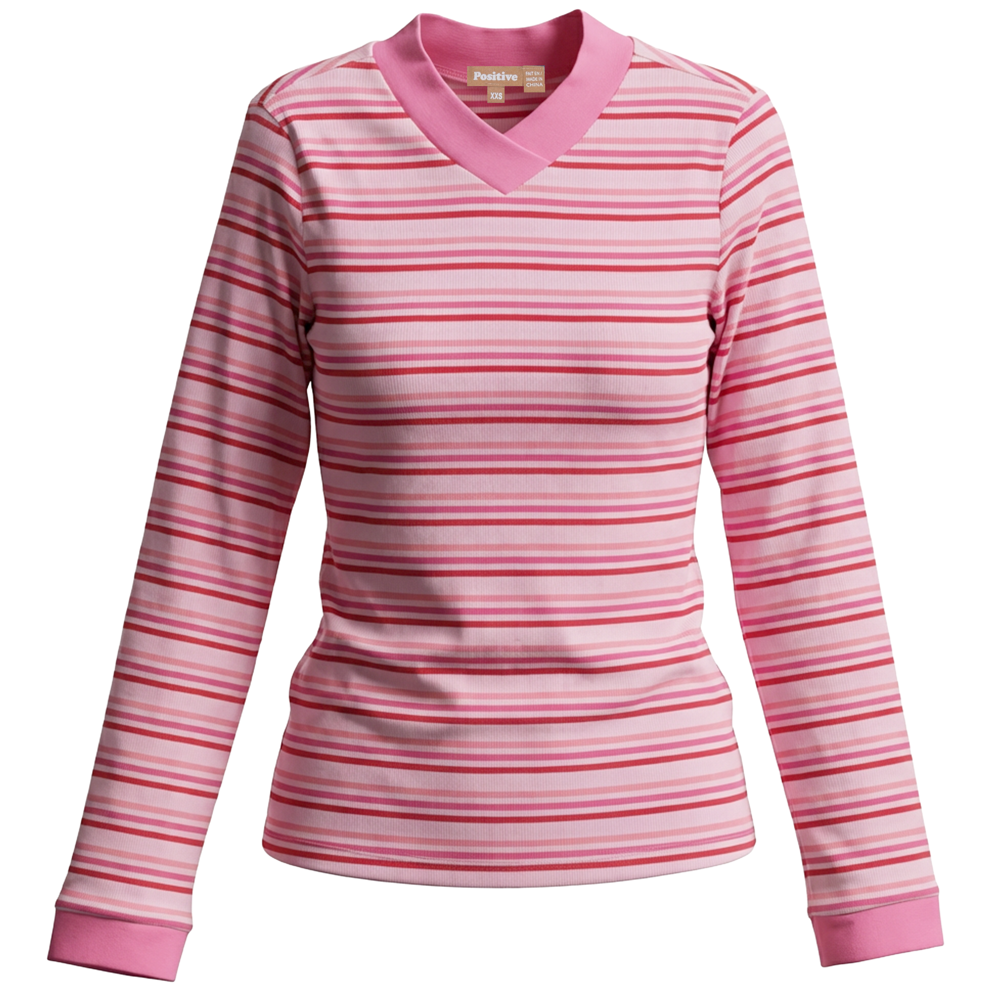 Striped V Neck Contrast Tee in Dark Pink by Positive
