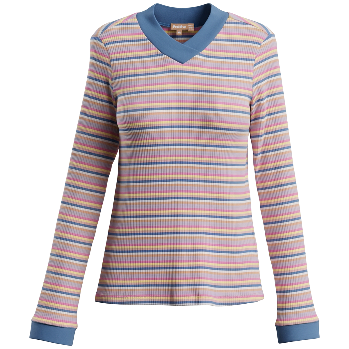 Striped V Neck Contrast Tee in Light Chambray by Positive