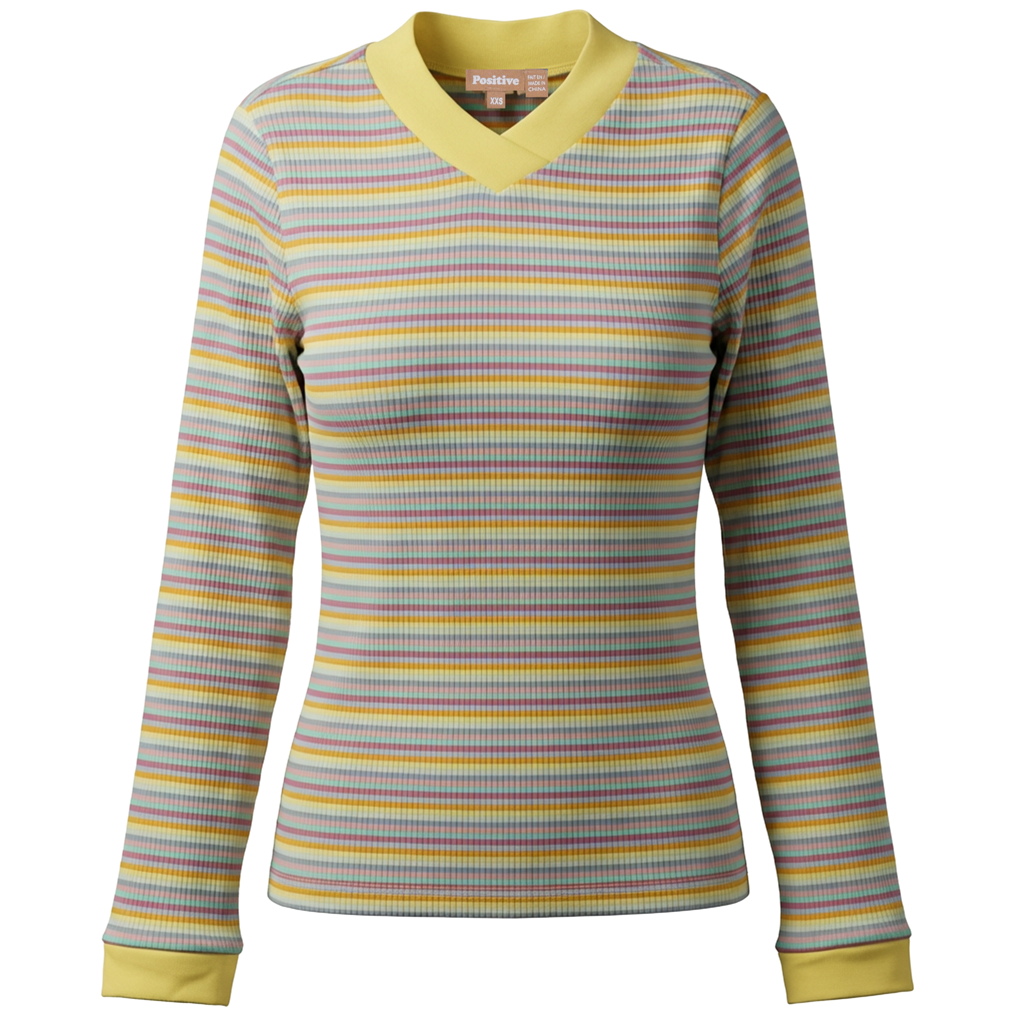 Striped V Neck Contrast Tee in Sun Shine by Positive