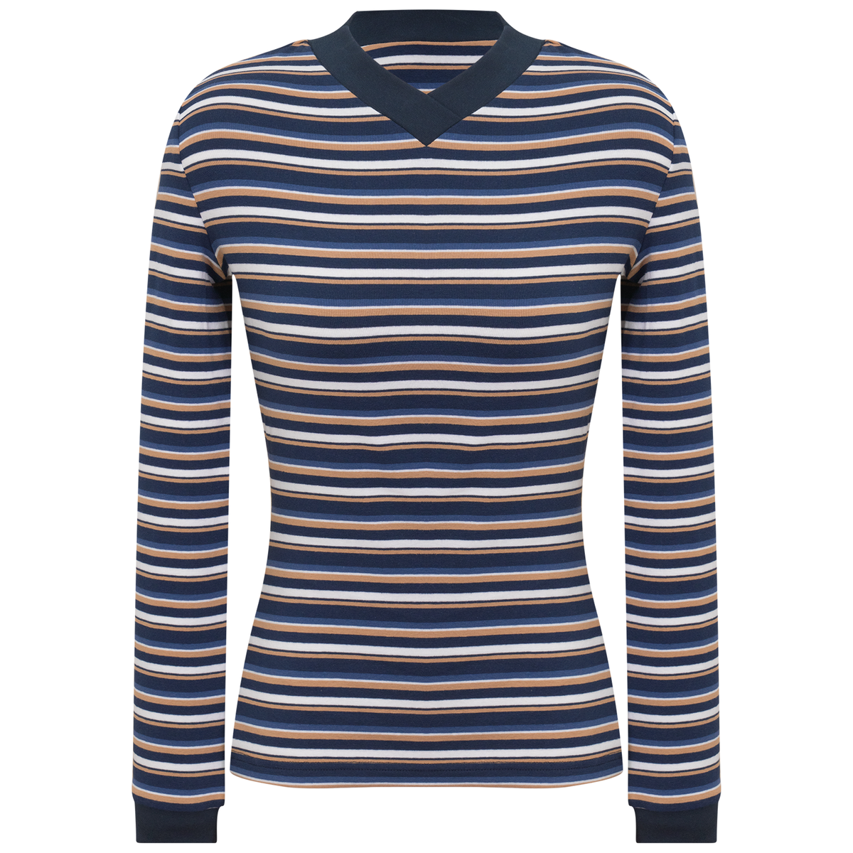 Striped V Neck Contrast Tee in Dark Denim by Positive
