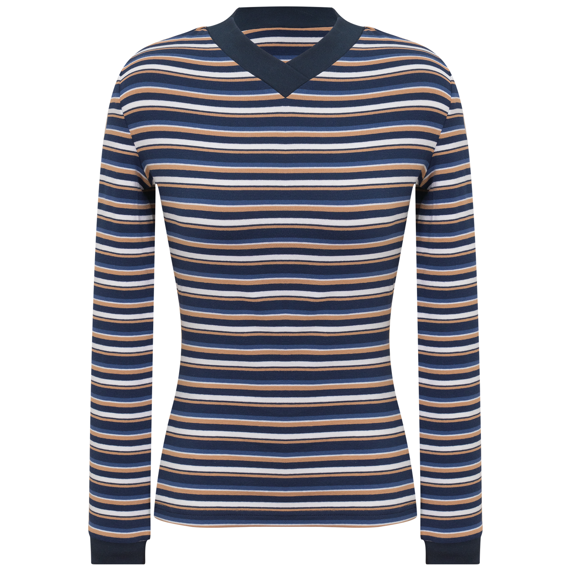 Striped V Neck Contrast Tee in Dark Denim by Positive