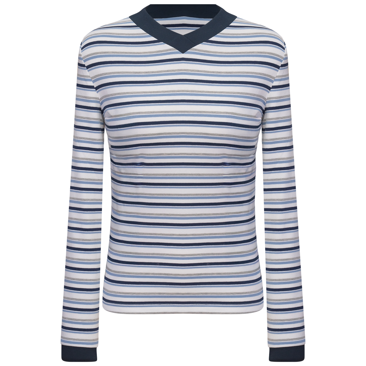 Striped V Neck Contrast Tee in Light Denim by Positive