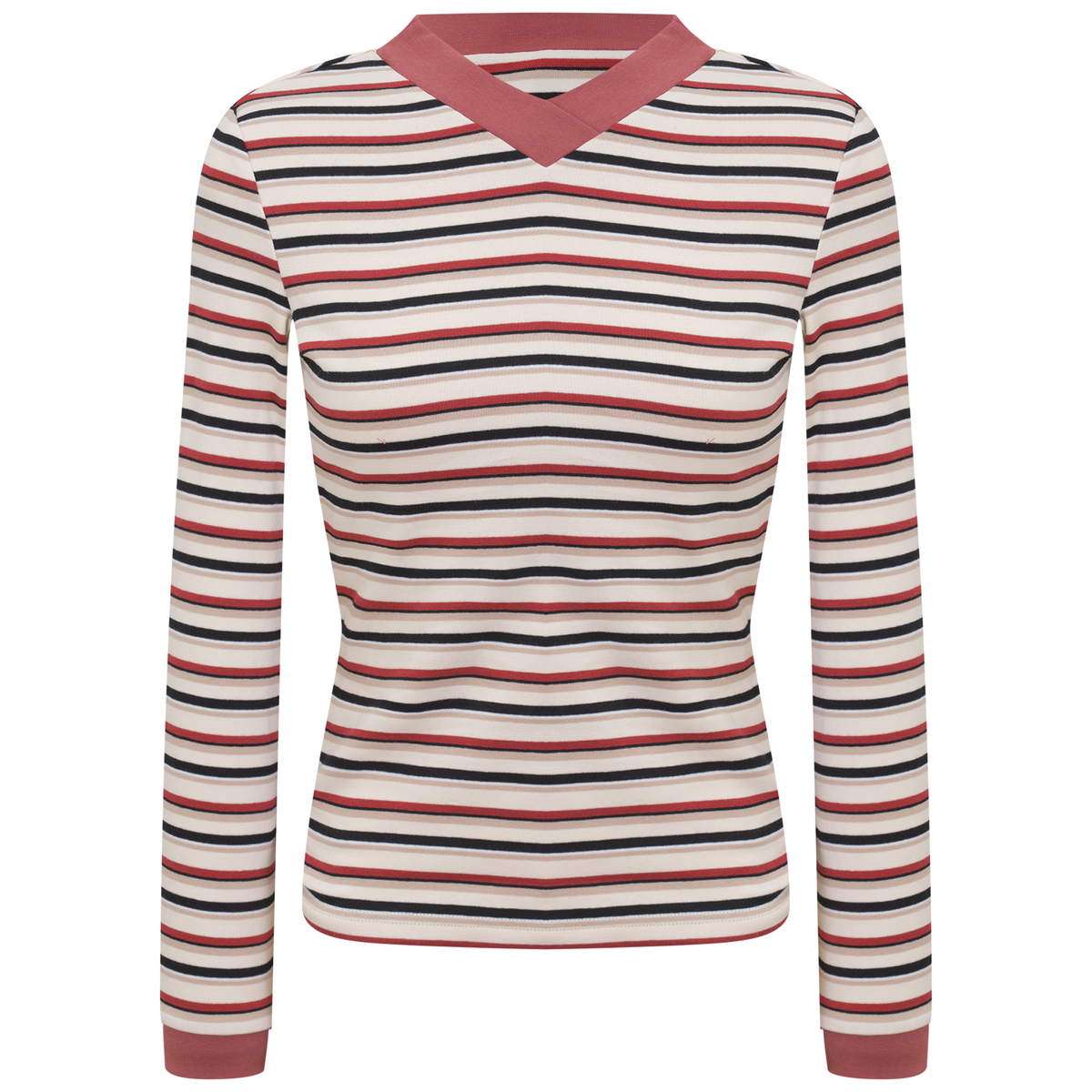 Striped V Neck Contrast Tee in Russet by Positive