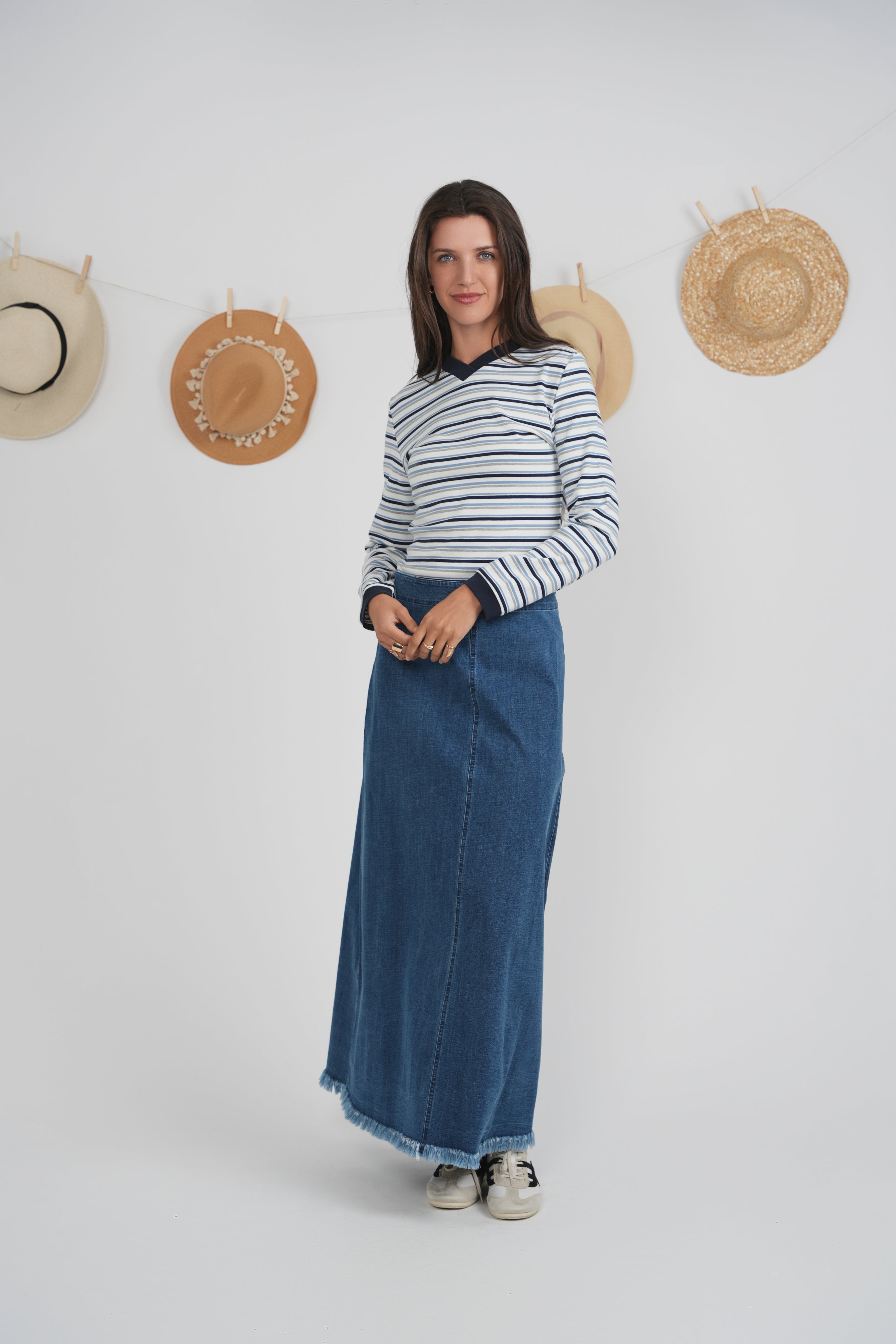 Striped V Neck Contrast Tee in by Positive