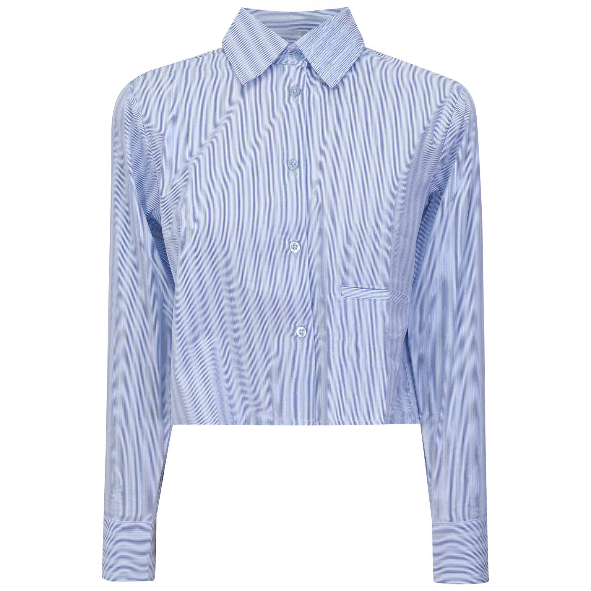 Cropped Striped Button Down Blouse in Blue Denim by Midi