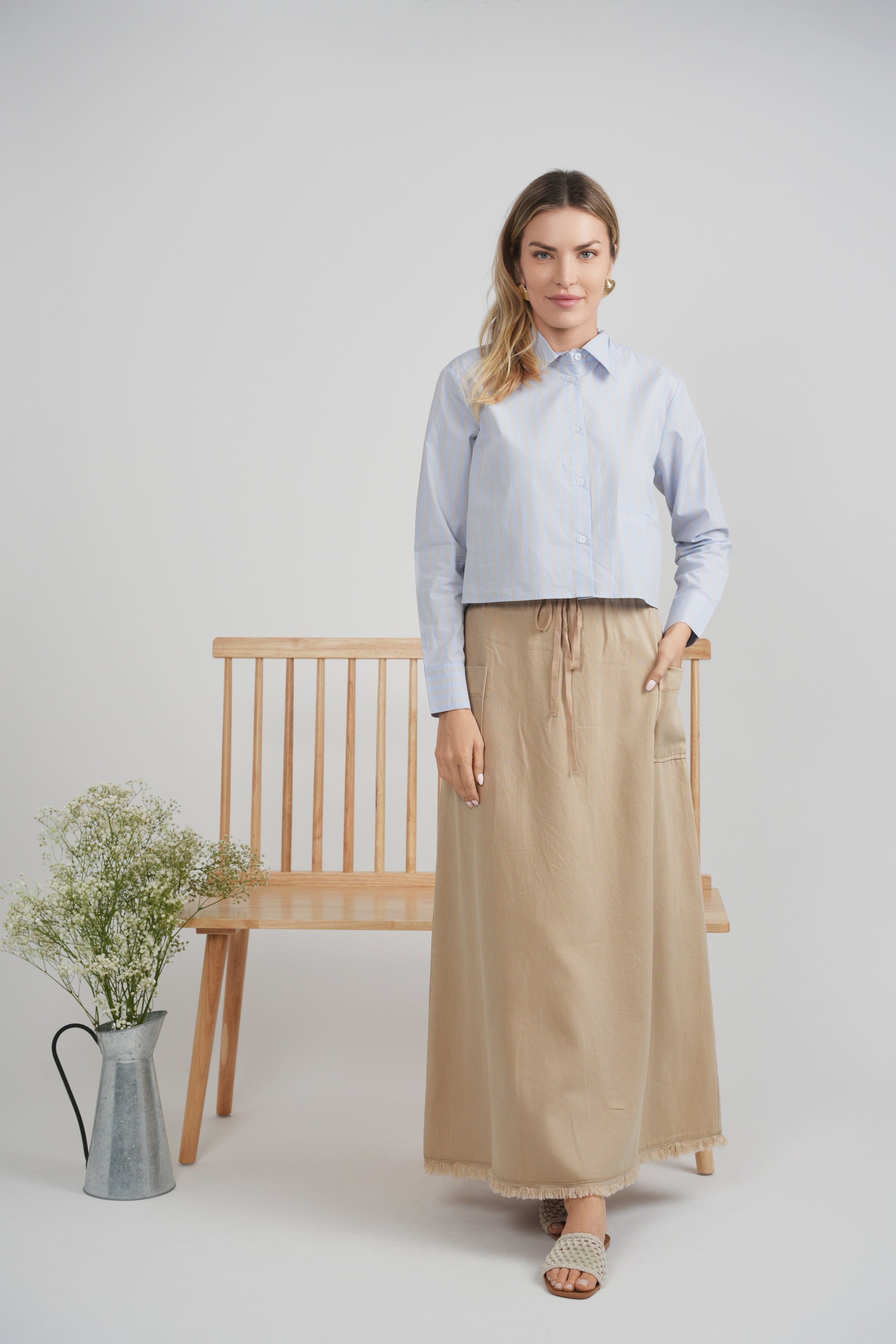 Cropped Striped Button Down Blouse in by Midi