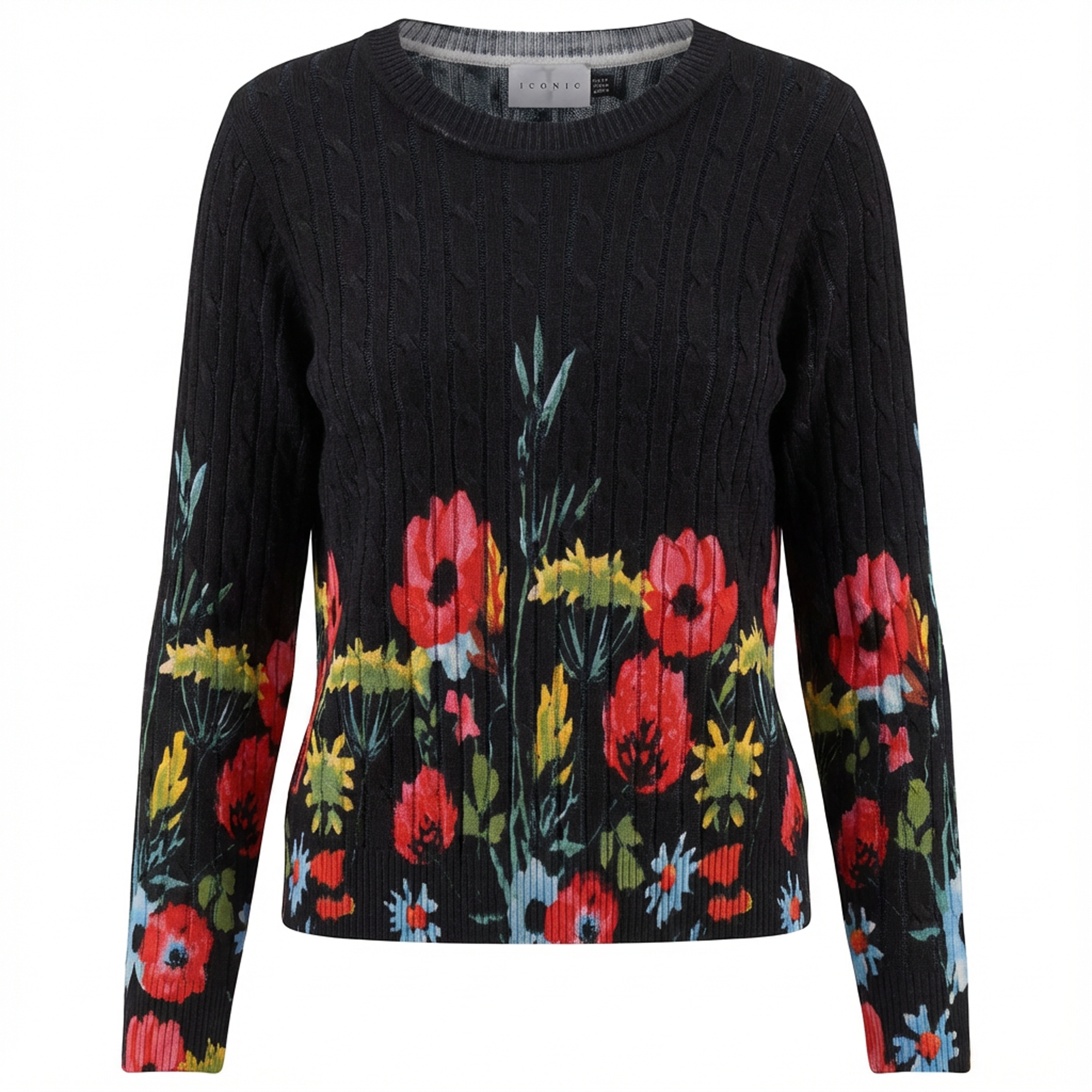 Printed Cable Sweater in Black Print by Iconic