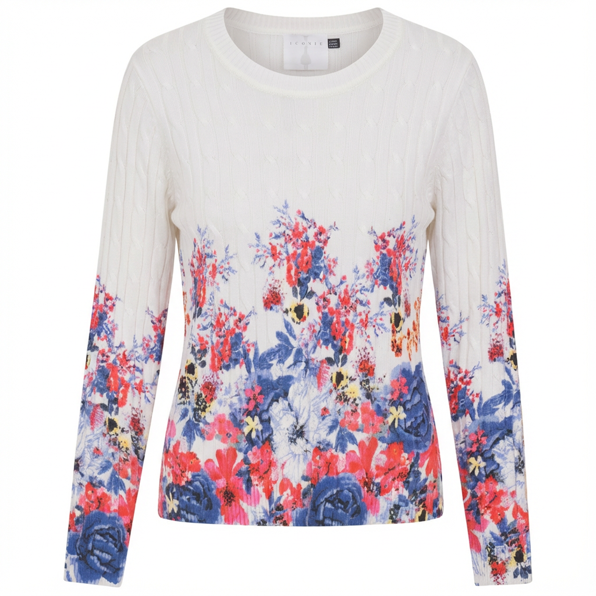 Printed Cable Sweater in Cream Floral by Iconic