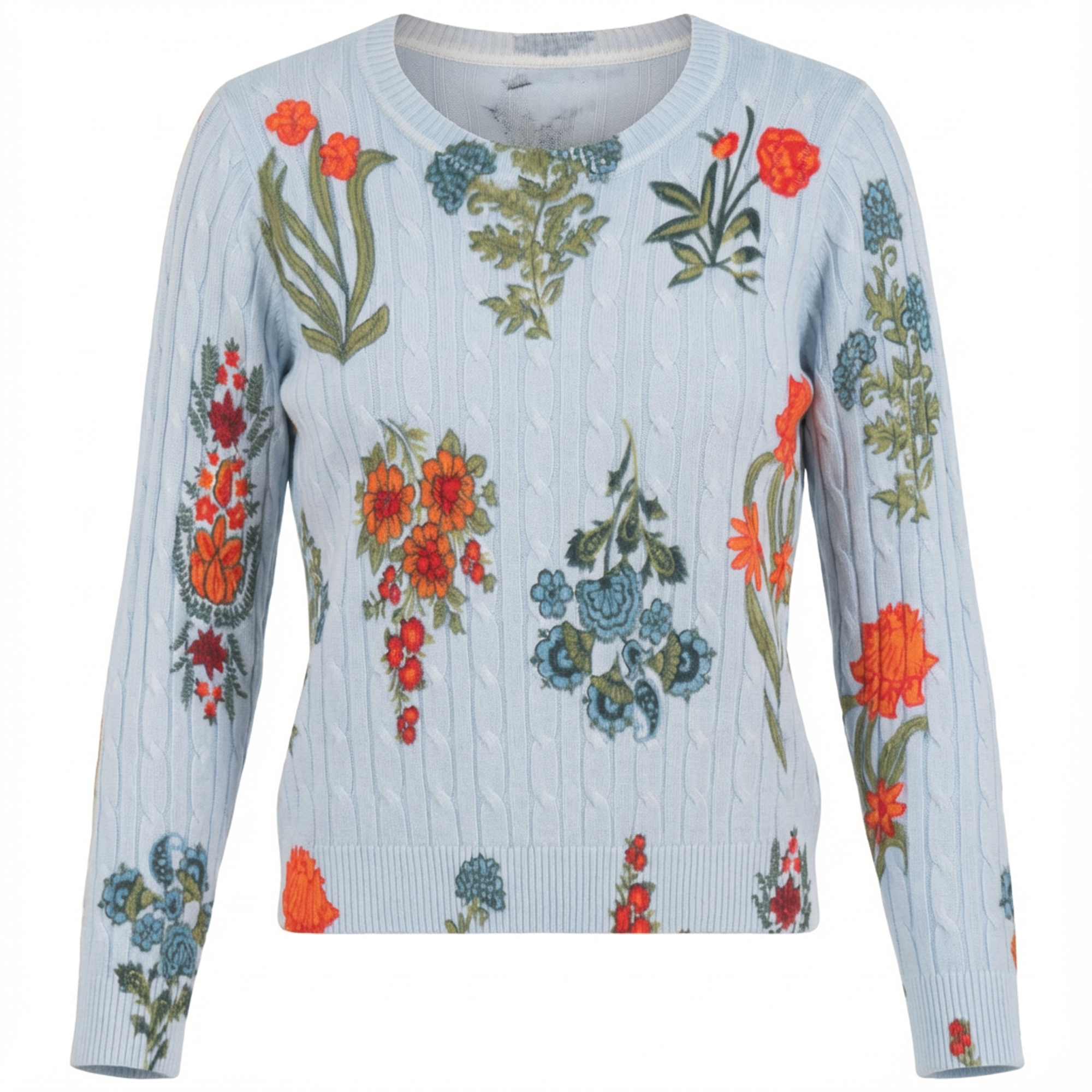 Printed Cable Sweater in Light Blue floral by Iconic