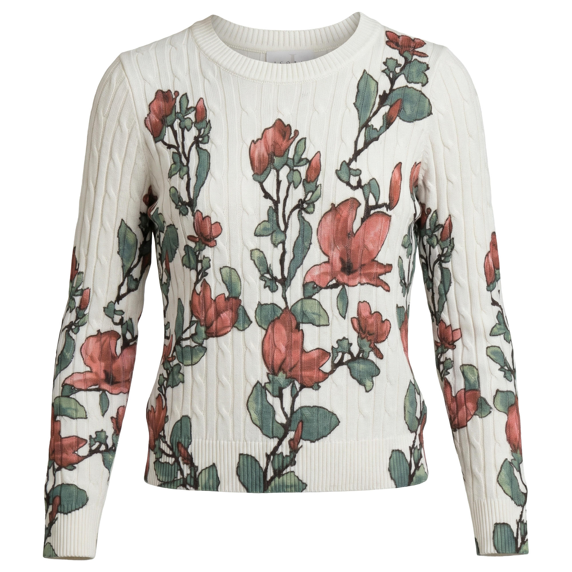 Printed Cable Sweater in White Floral by Iconic