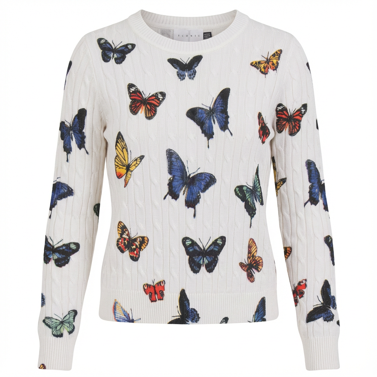 Printed Cable Sweater in White Print by Iconic
