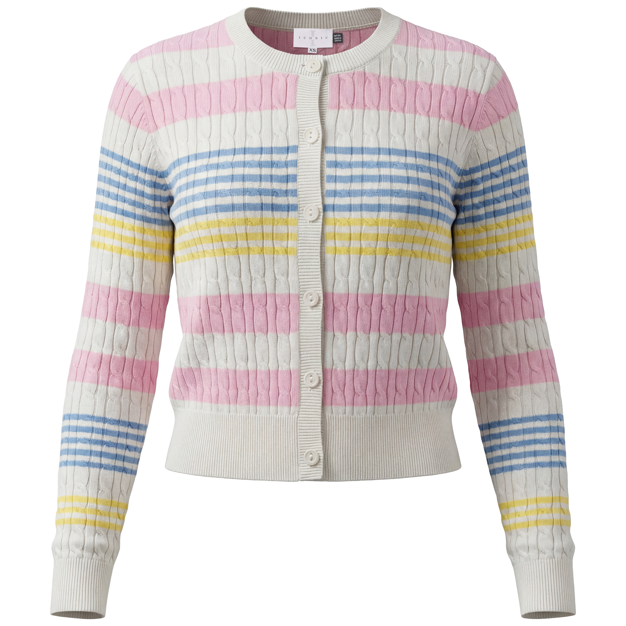 Striped Cable Knit Cardigan in Mauve Multi by Iconic