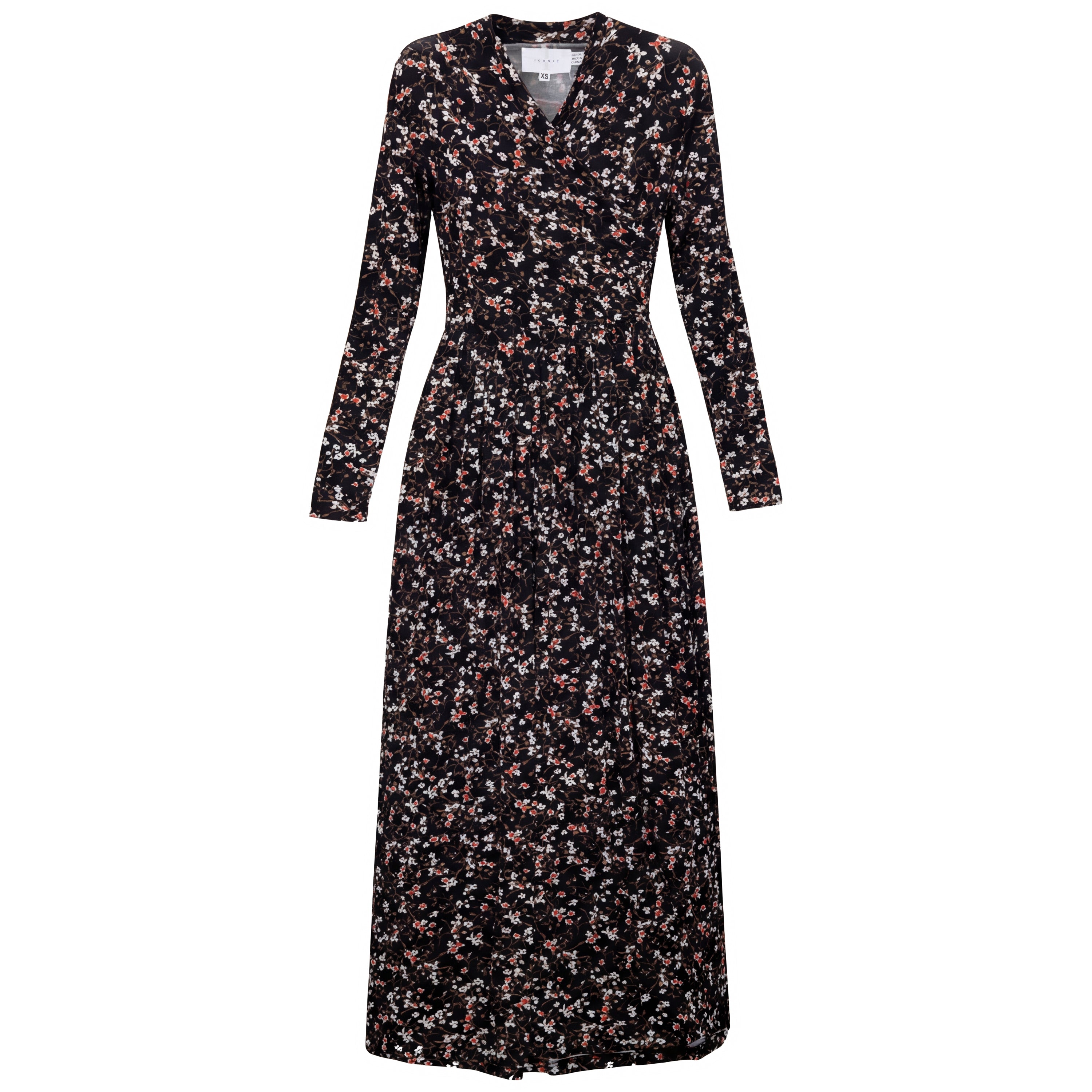 Mock Neck Wrap Maxi Dress in Black Floral by Iconic