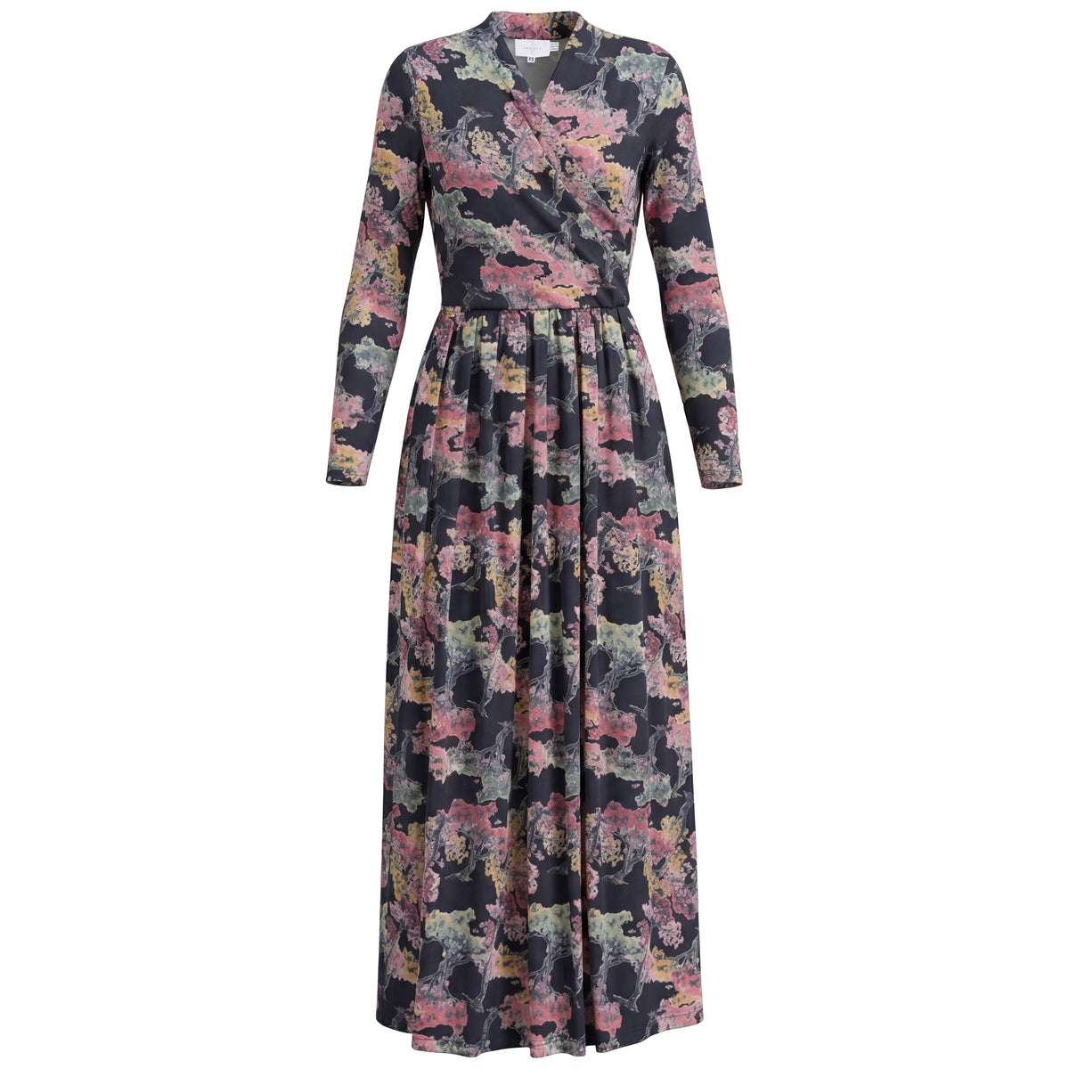 Mock Neck Wrap Maxi Dress in Black Print by Iconic