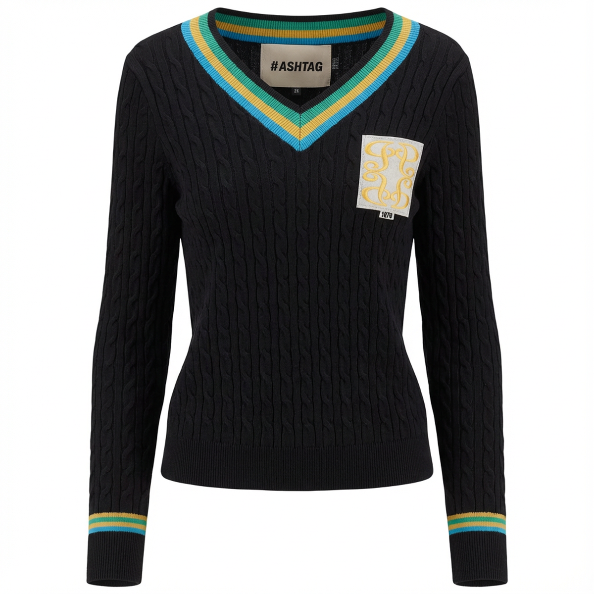 V Neck Cable Sweater in Black by Hashtag