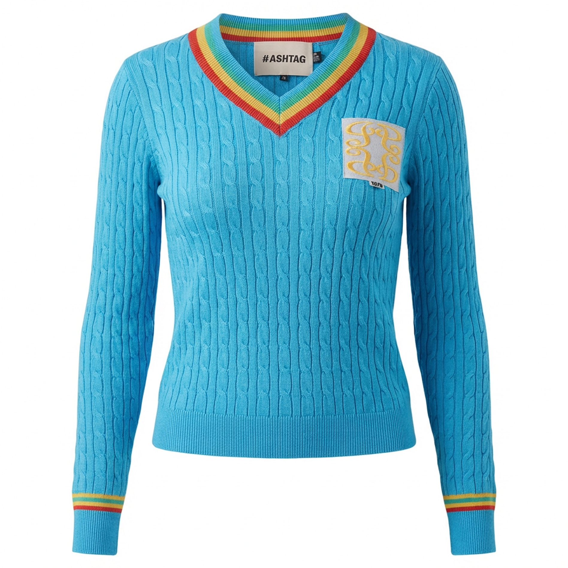 V Neck Cable Sweater in Malibu Blue by Hashtag