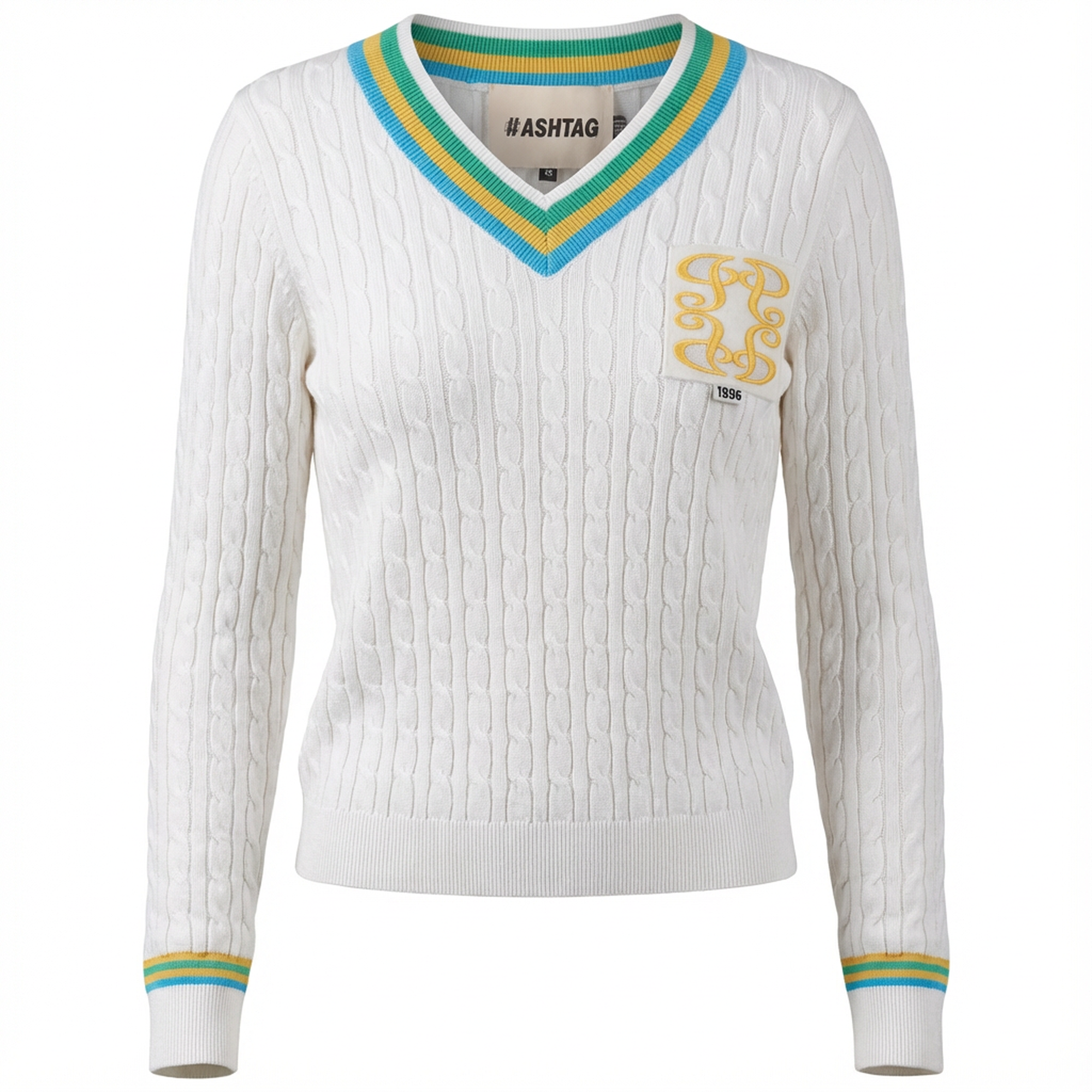 V Neck Cable Sweater in Off White by Hashtag