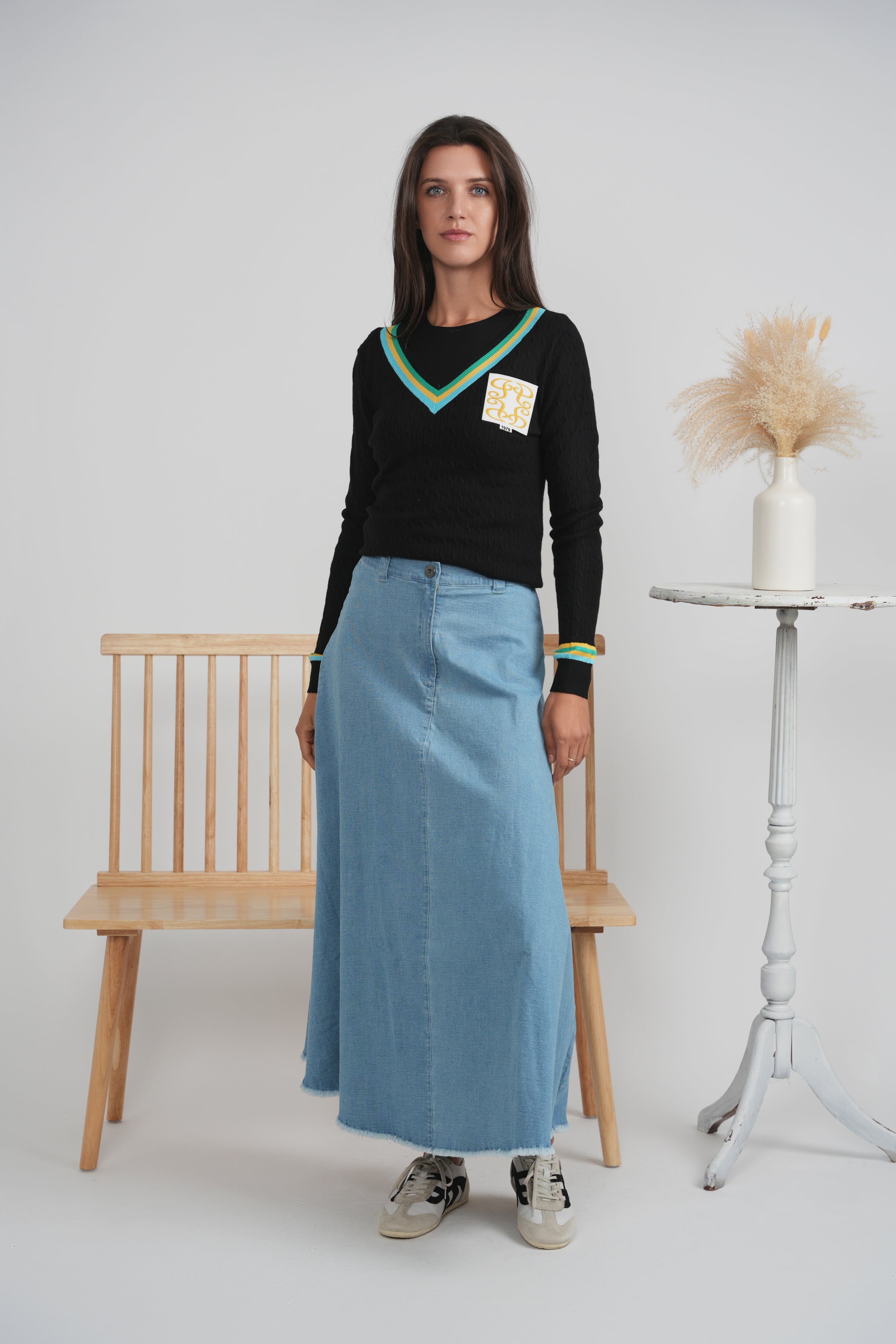 V Neck Cable Sweater in by Hashtag