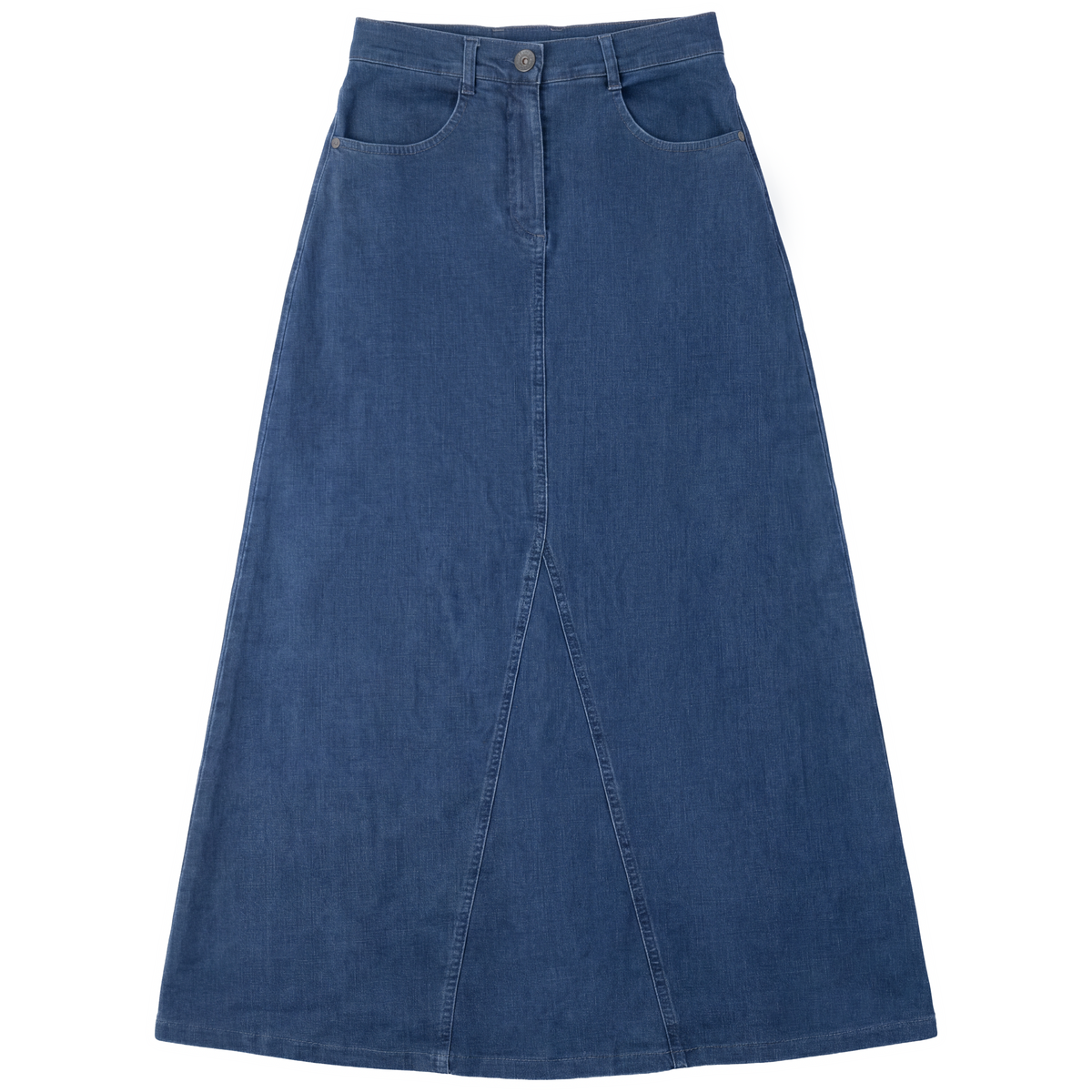 Maxi Mineral Wash Godet Skirt in Dark Denim Wash by Faves