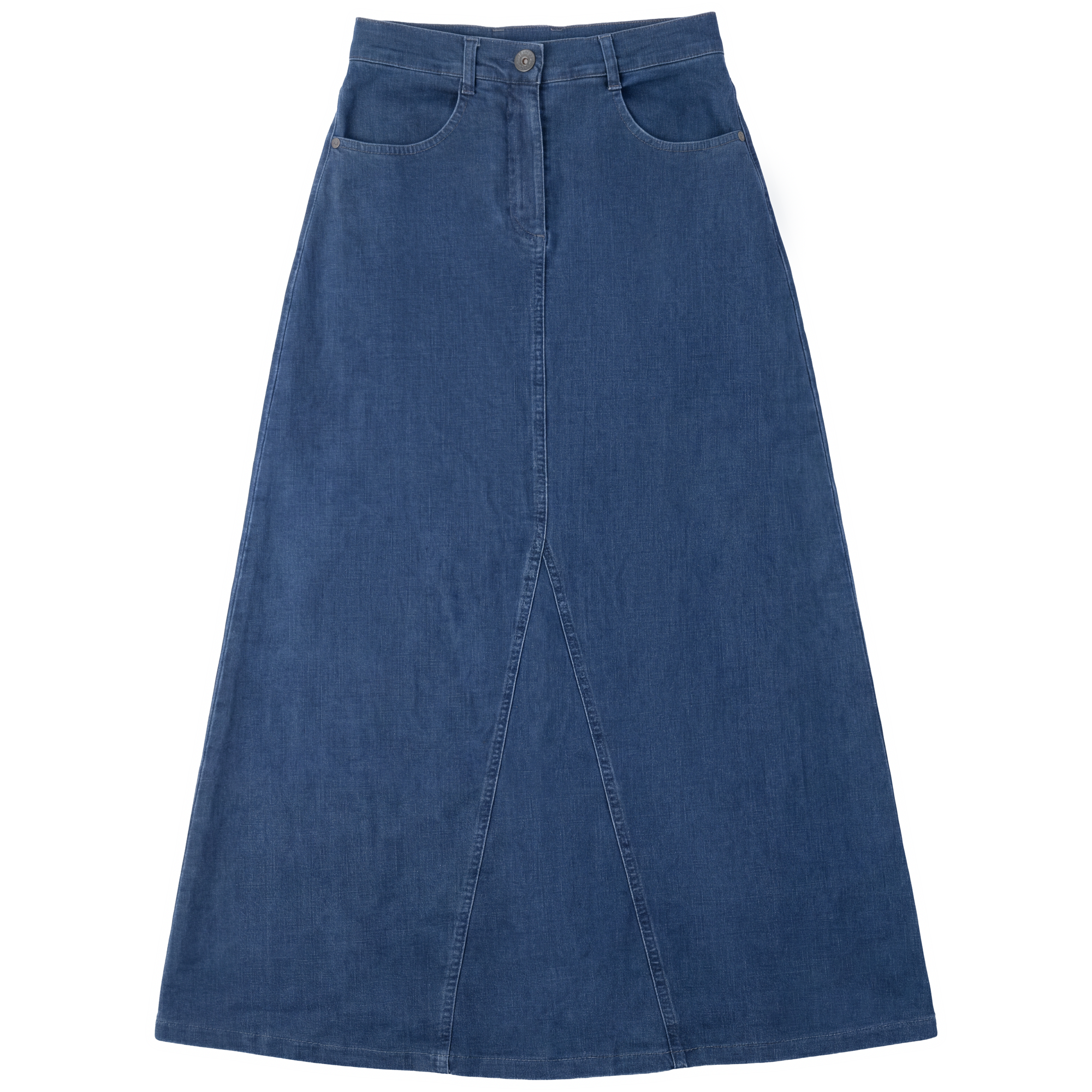 Maxi Mineral Wash Godet Skirt in Dark Denim Wash by Faves