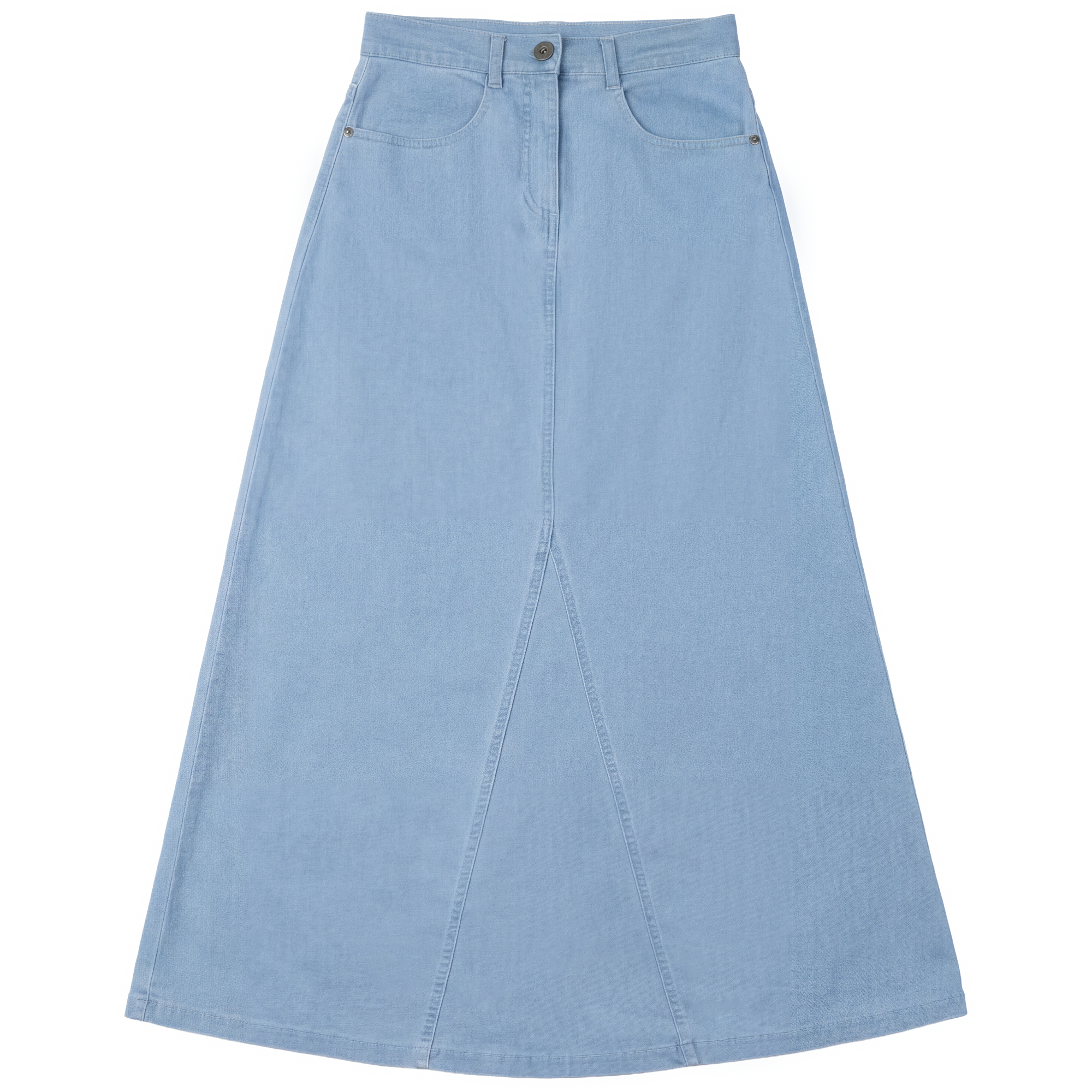 Maxi Mineral Wash Godet Skirt in Light Denim Wash by Faves