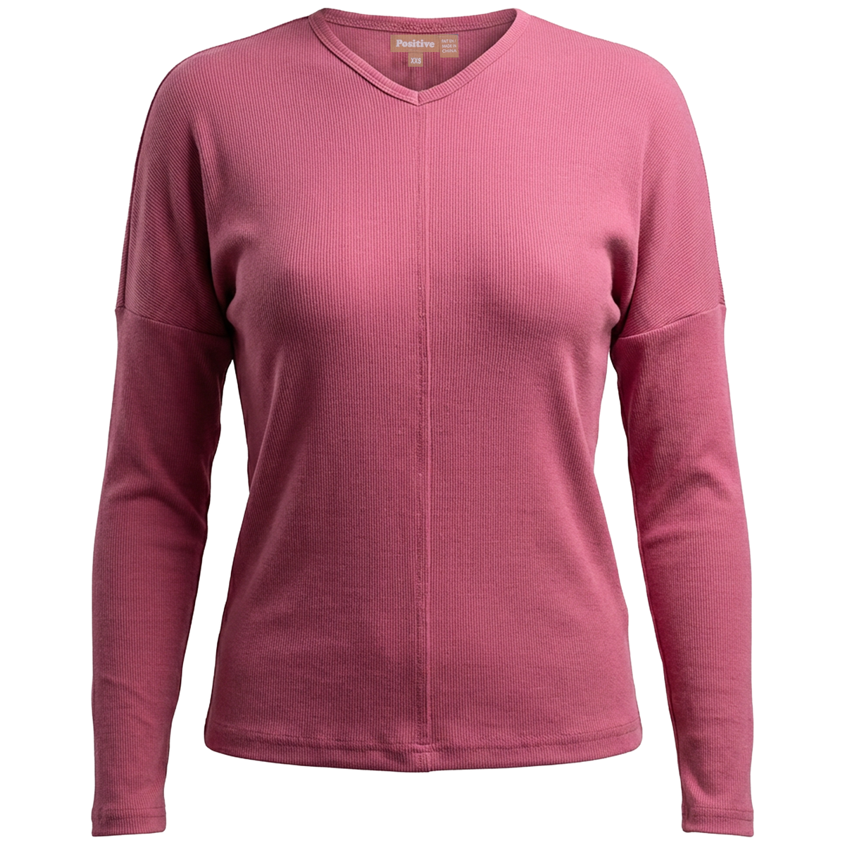 Ribbed V Neck Drop Shoulder Tee in Berry by Positive