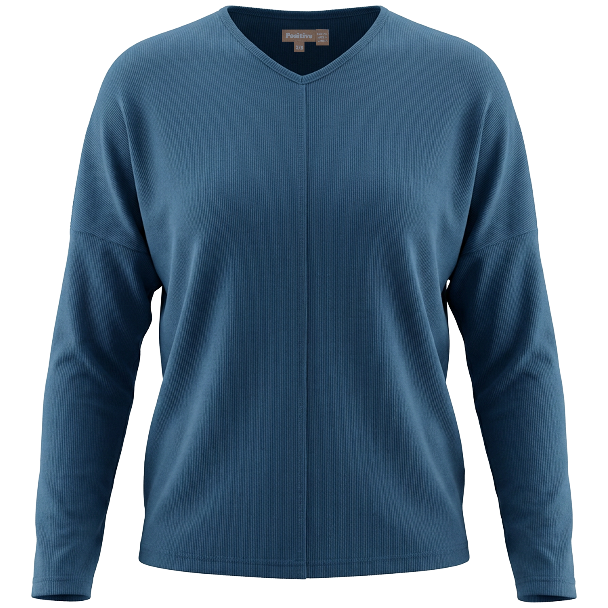 Ribbed V Neck Drop Shoulder Tee in Chambray by Positive