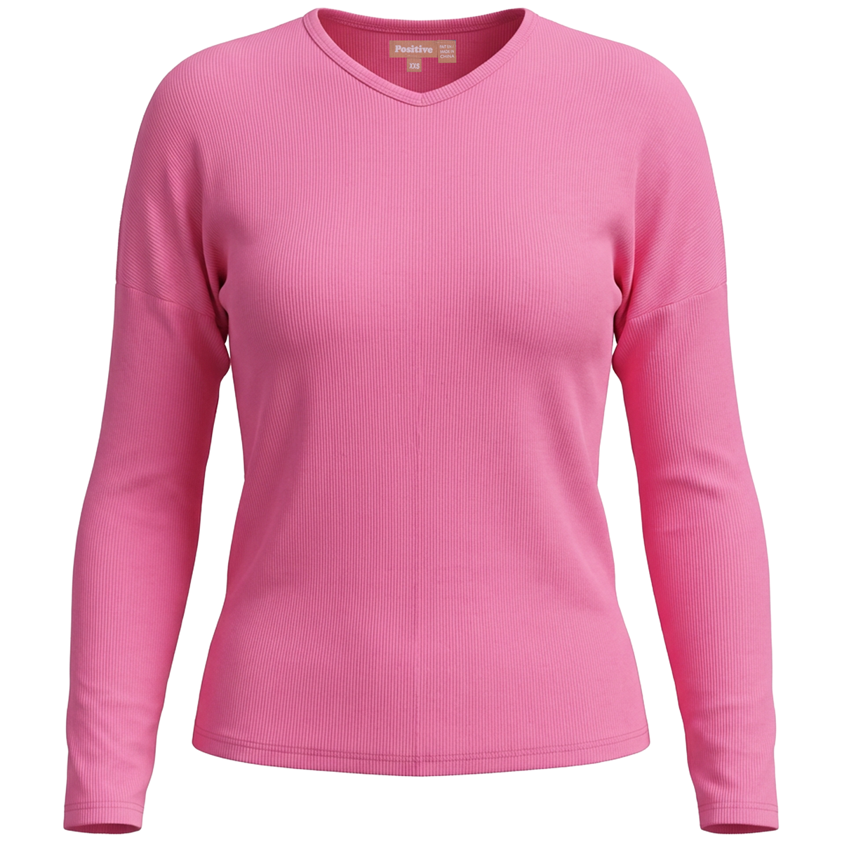 Ribbed V Neck Drop Shoulder Tee in Dark Pink by Positive