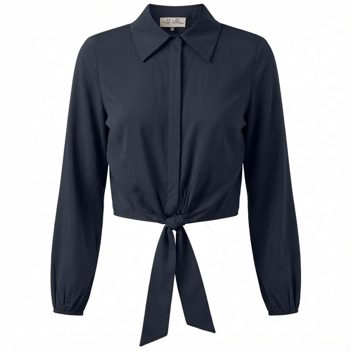 Cropped Cotton Tie Blouse in Dark Navy by The Norway Club