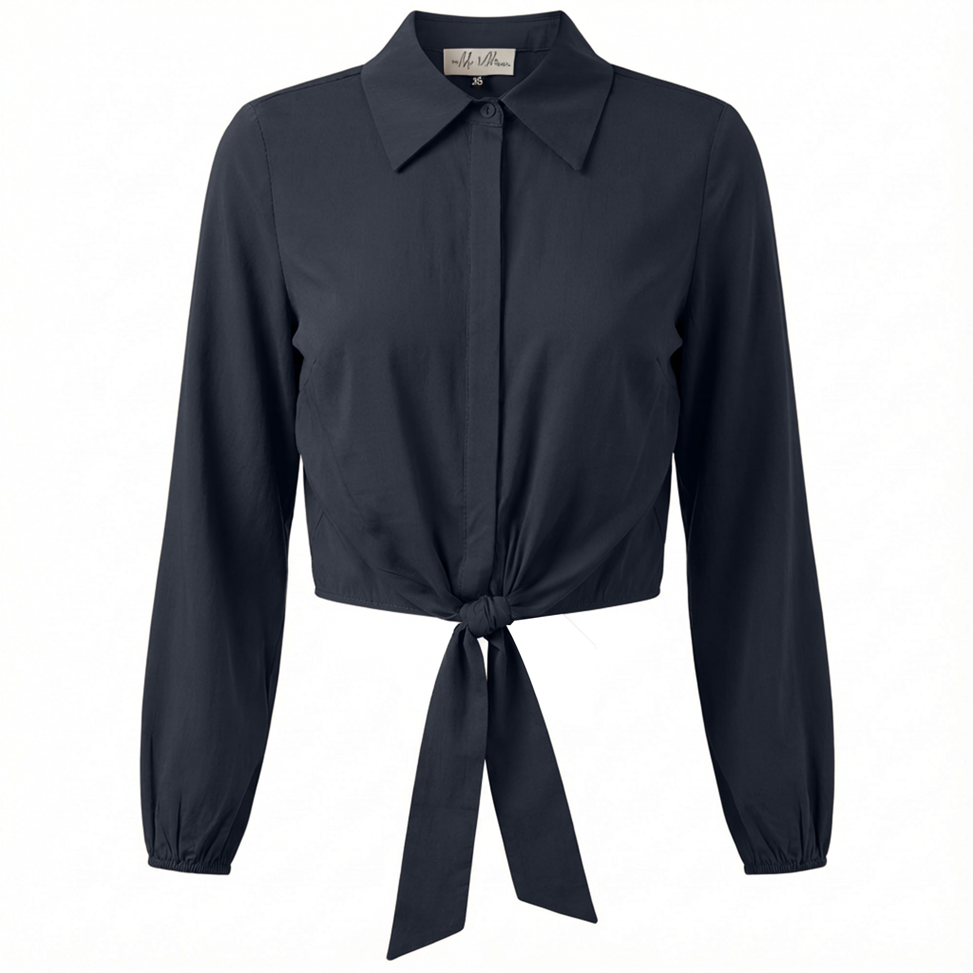 Cropped Cotton Tie Blouse in Dark Navy by The Norway Club