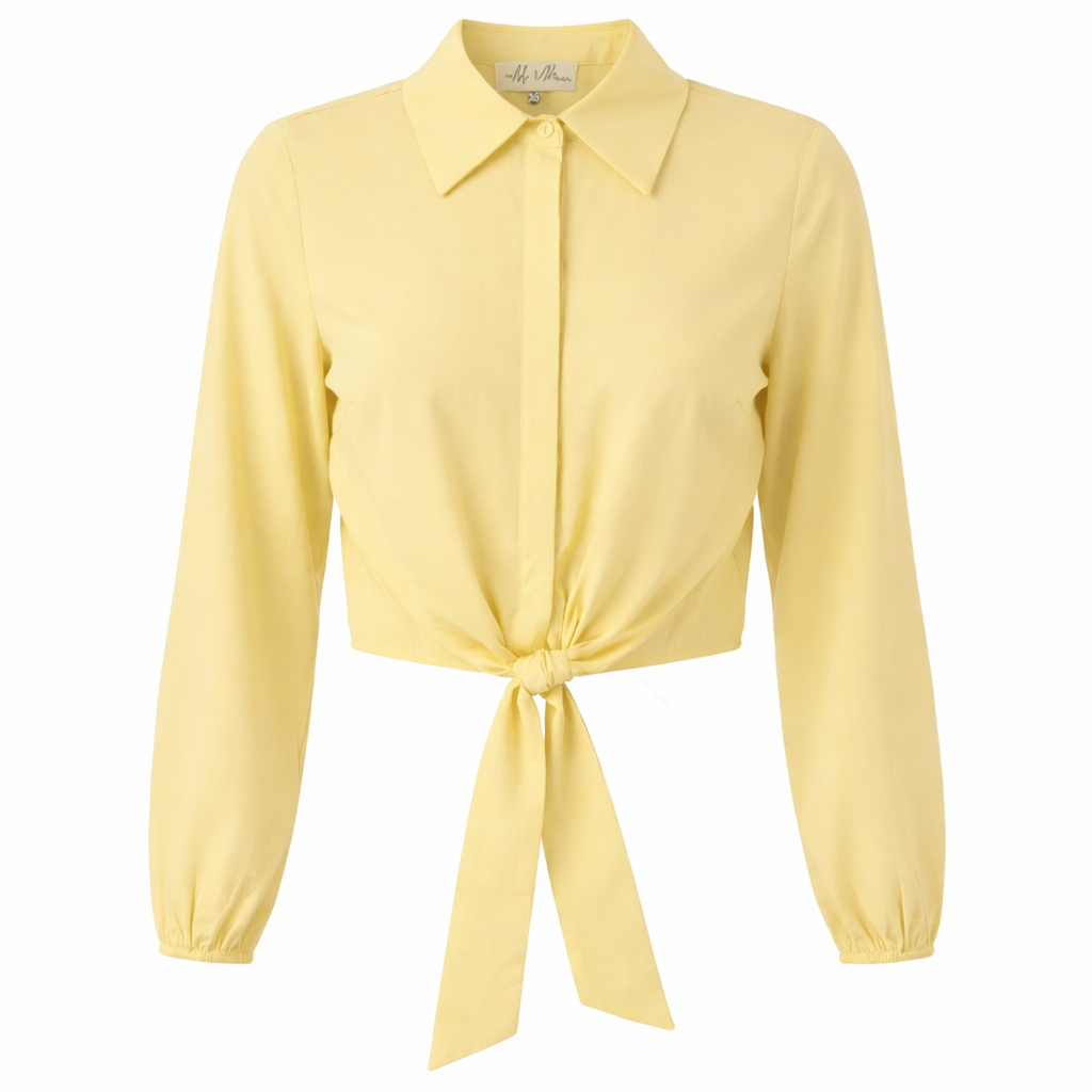 Cropped Cotton Tie Blouse in Pastel Yellow by The Norway Club
