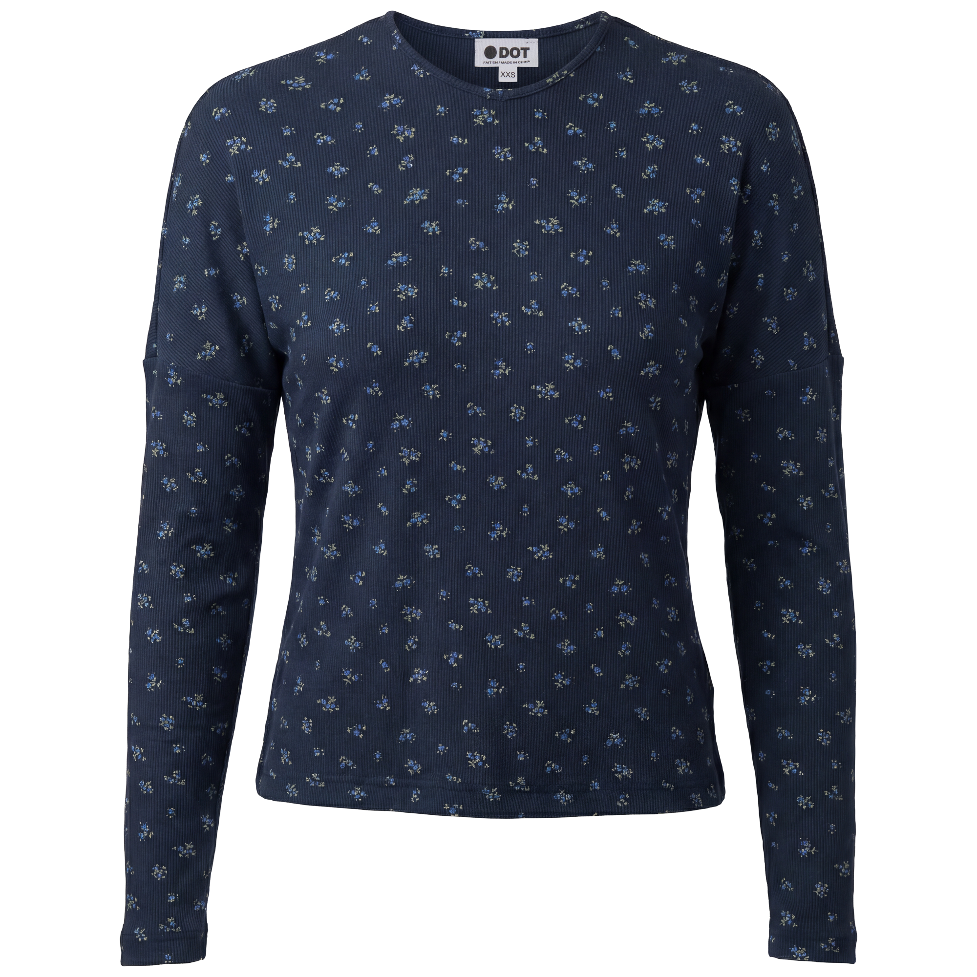 Floral V Neck Dolman Tee in Dark Denim by Dot