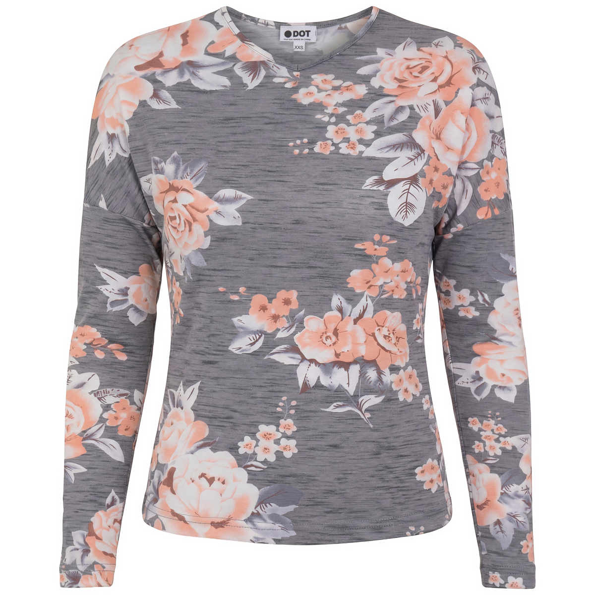 Floral V Neck Dolman Tee in Grey by Dot