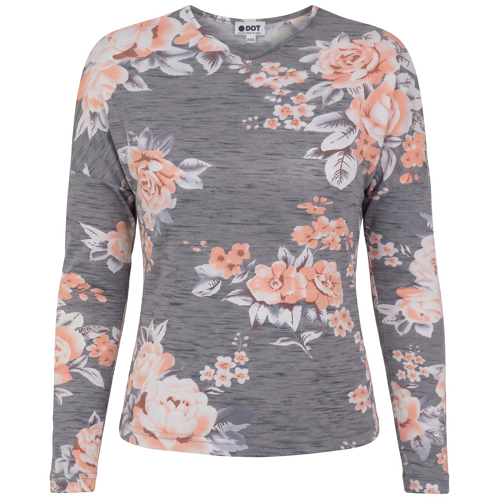 Floral V Neck Dolman Tee in Grey by Dot