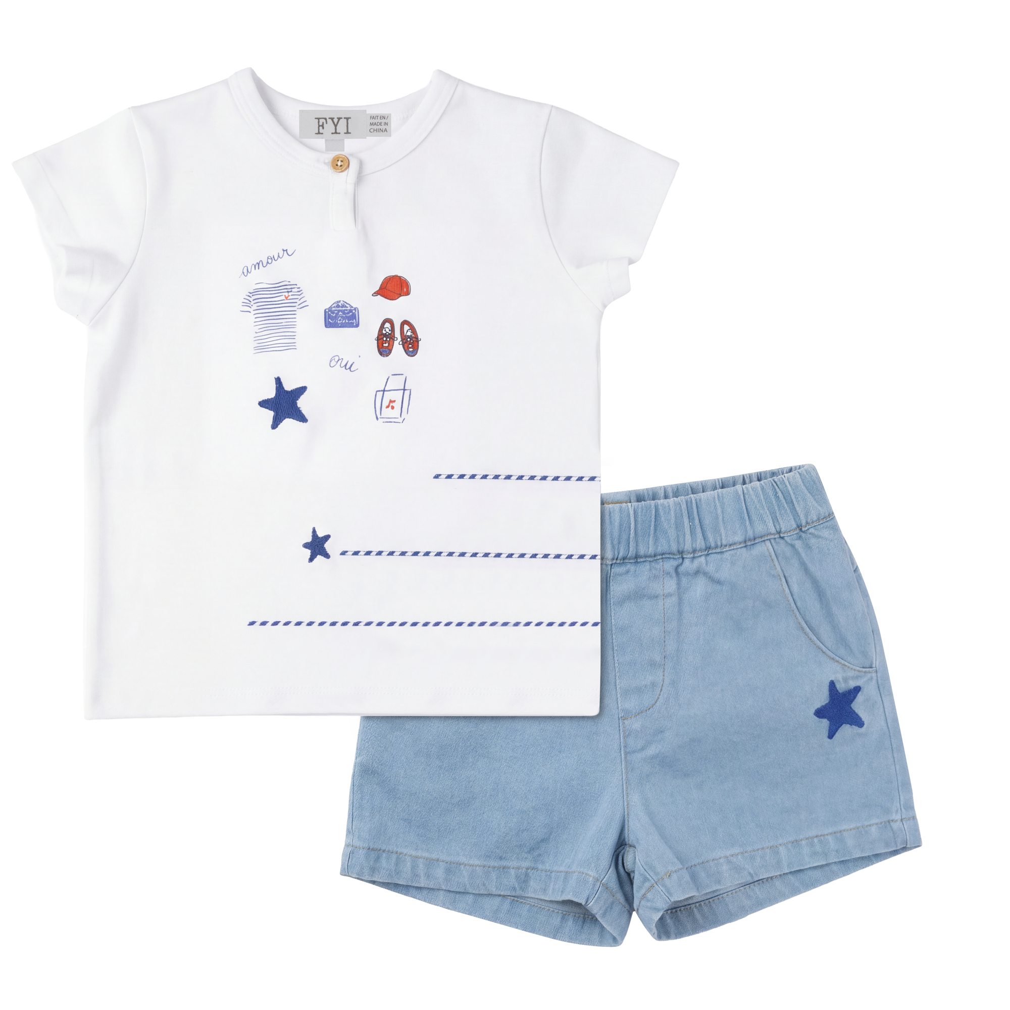 Star Embroidered Woven Denim Set in Denim by FYI