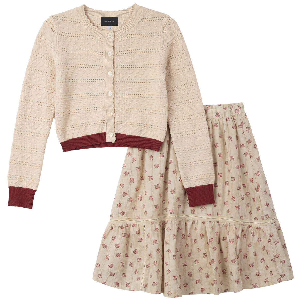 Floral Print Skirt Cardigan Set in Burgundy by Hopscotch