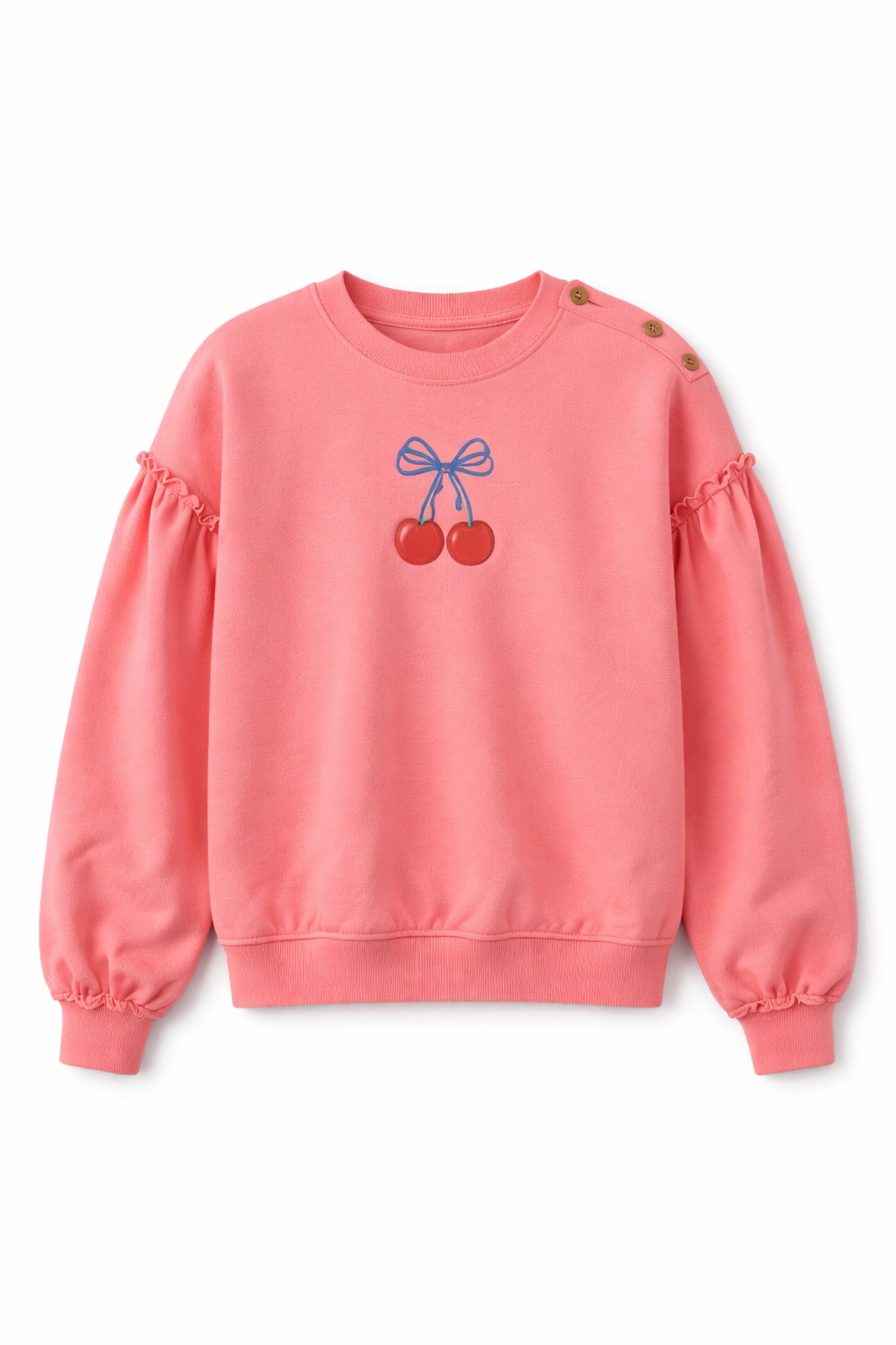 Cherry Print French Terry Sweatshirt in Flamingo by Lola