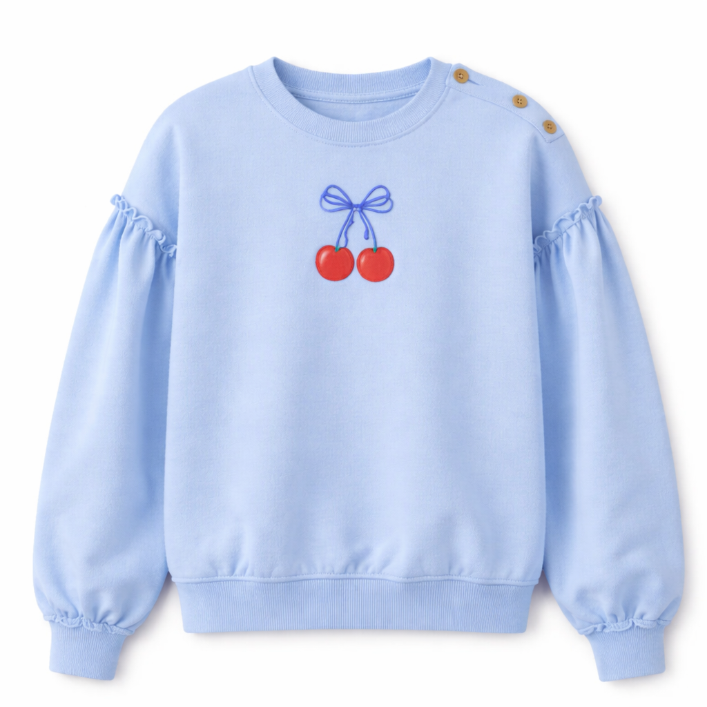 Cherry Print French Terry Sweatshirt in Stone Blue by Lola