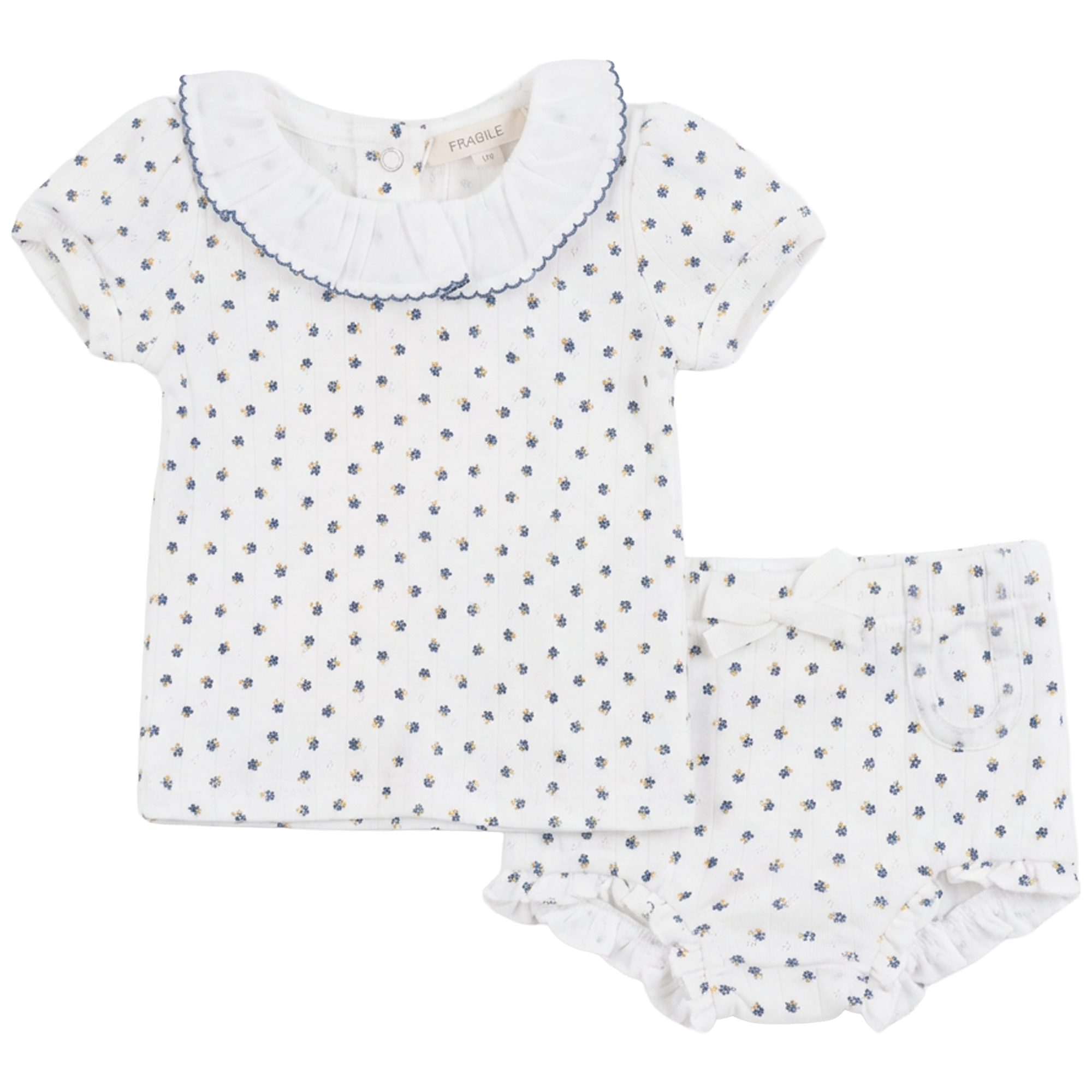 Pointelle With Flower Print 2 PCS Short Set With Ruffle Collar in White Denim by Fragile