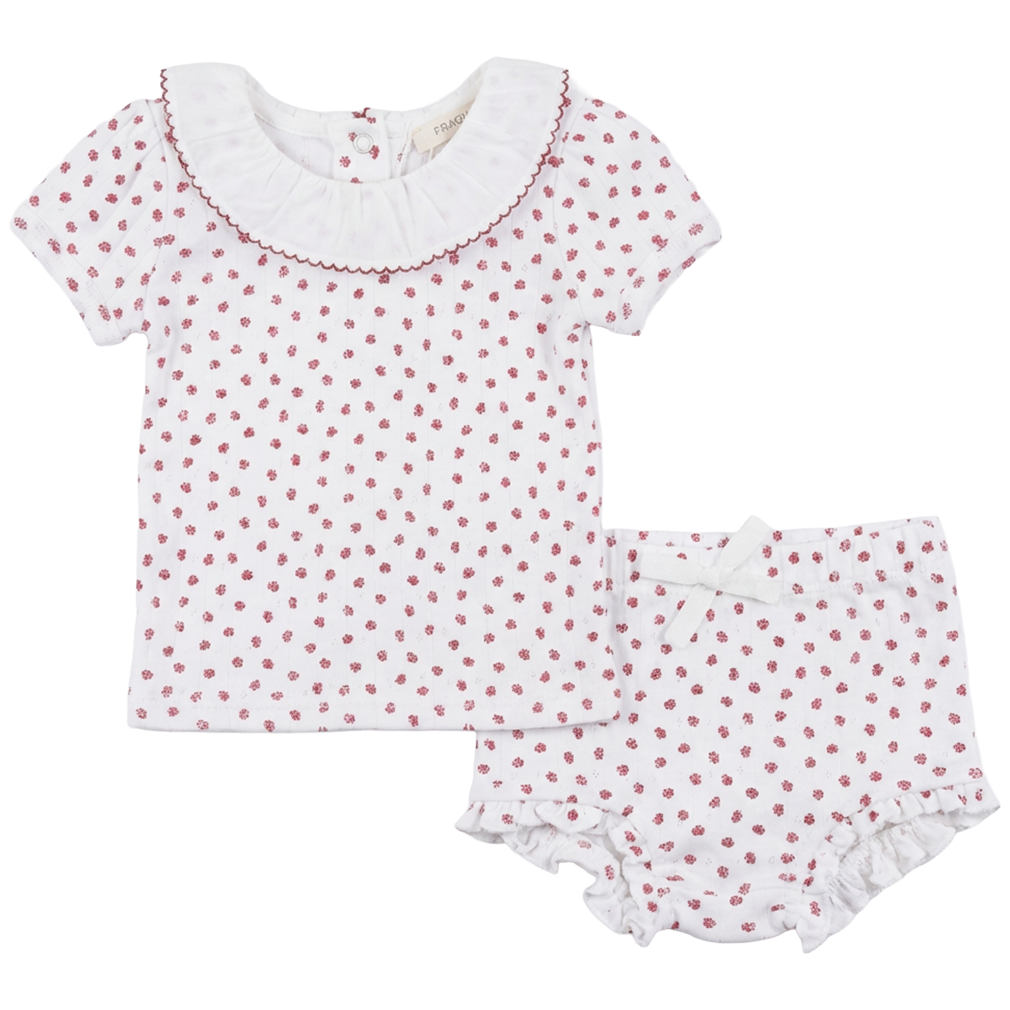 Pointelle With Flower Print 2 PCS Short Set With Ruffle Collar in White Red by Fragile