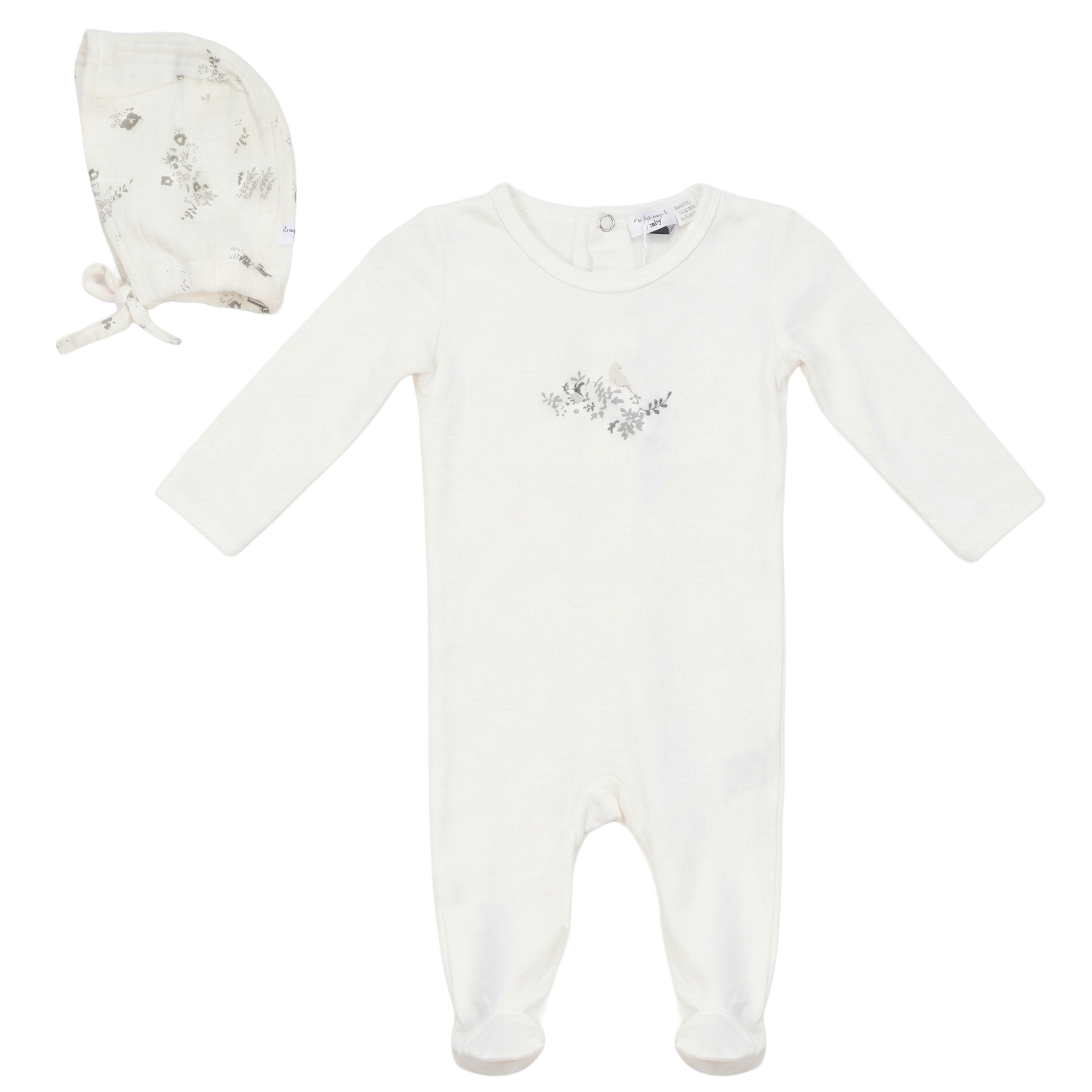 Baby Romper Set With Bird Print At Chest in Powder by Little Fragile