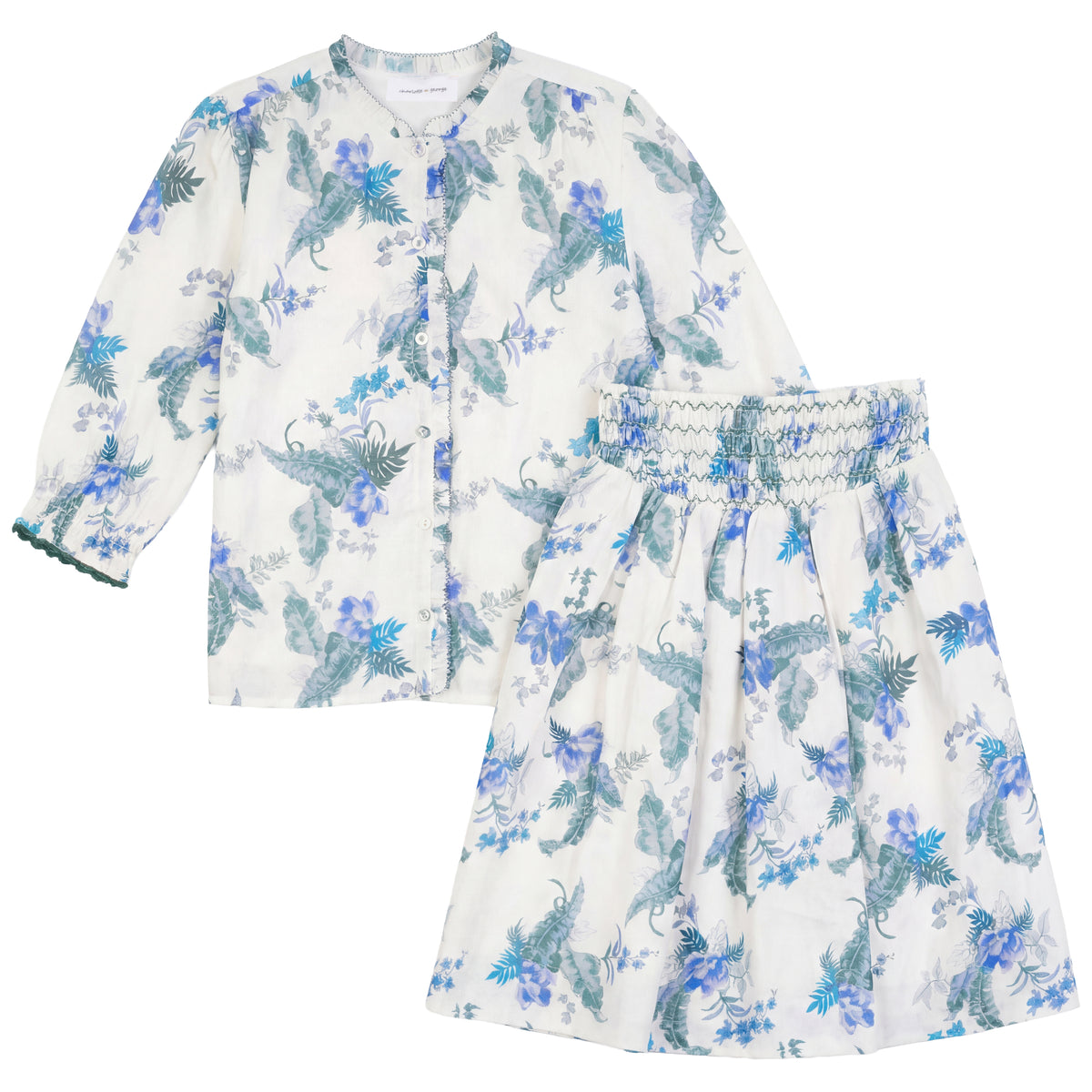 Floral Print Smocked Skirt Set in Blue by Charlotte & George