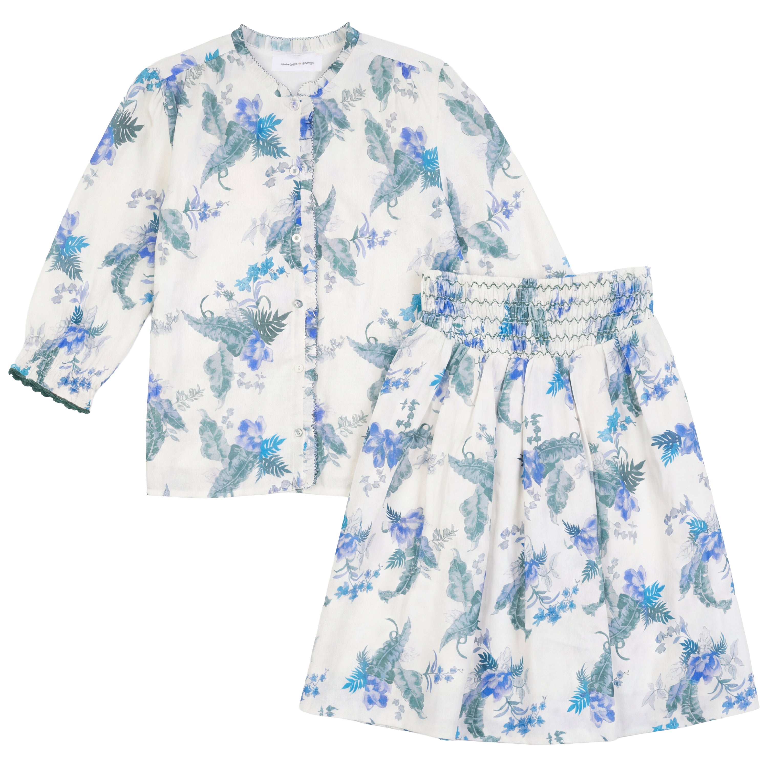 Floral Print Smocked Skirt Set in Blue by Charlotte & George
