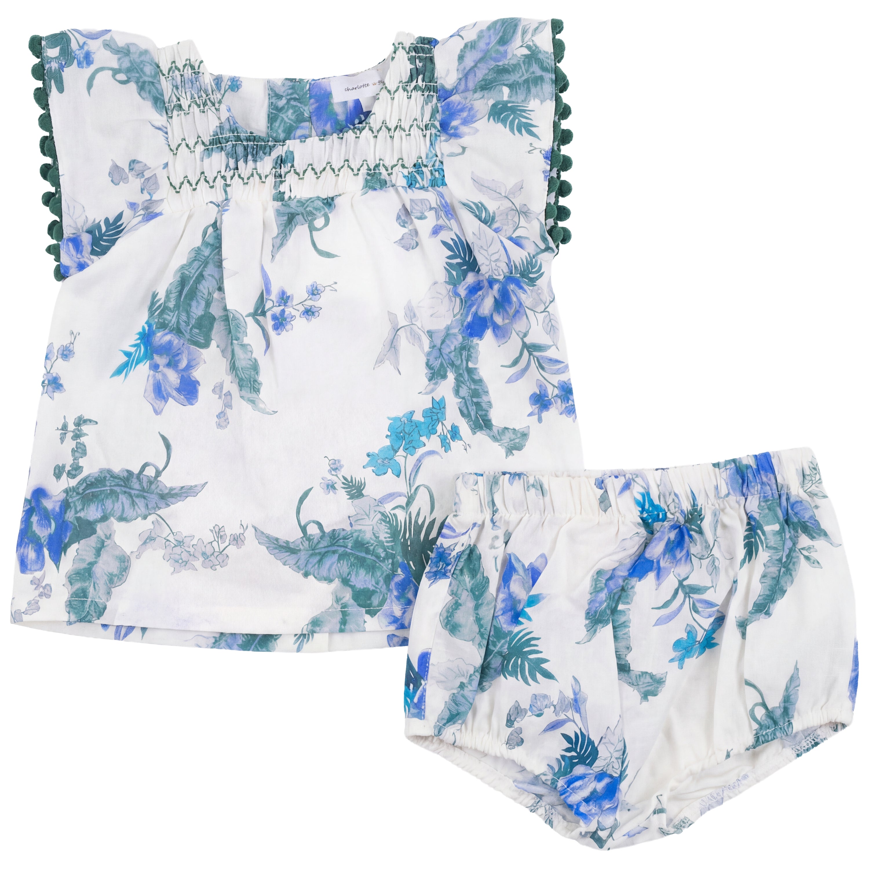 Floral Print Smocked Set in Blue by Charlotte & George