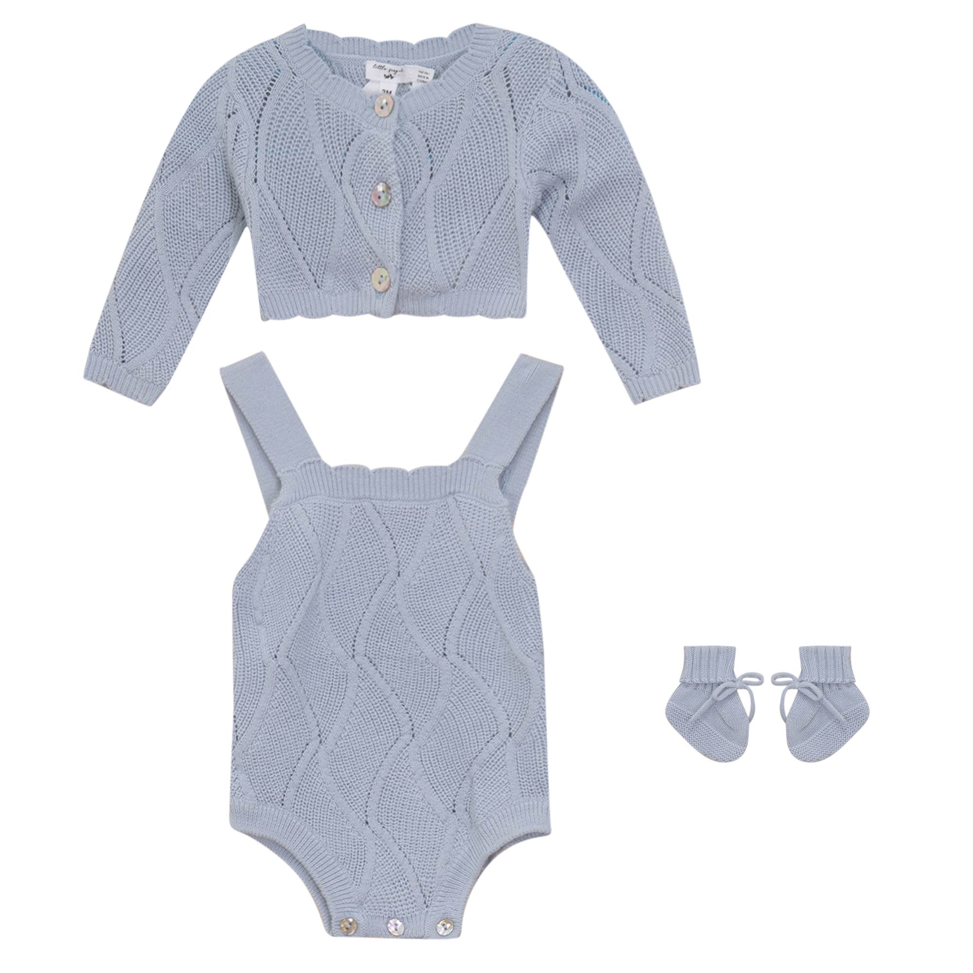 Cardigan, Onesie Hat And Bootes In Textured Knit in Blue Grey by Little Fragile