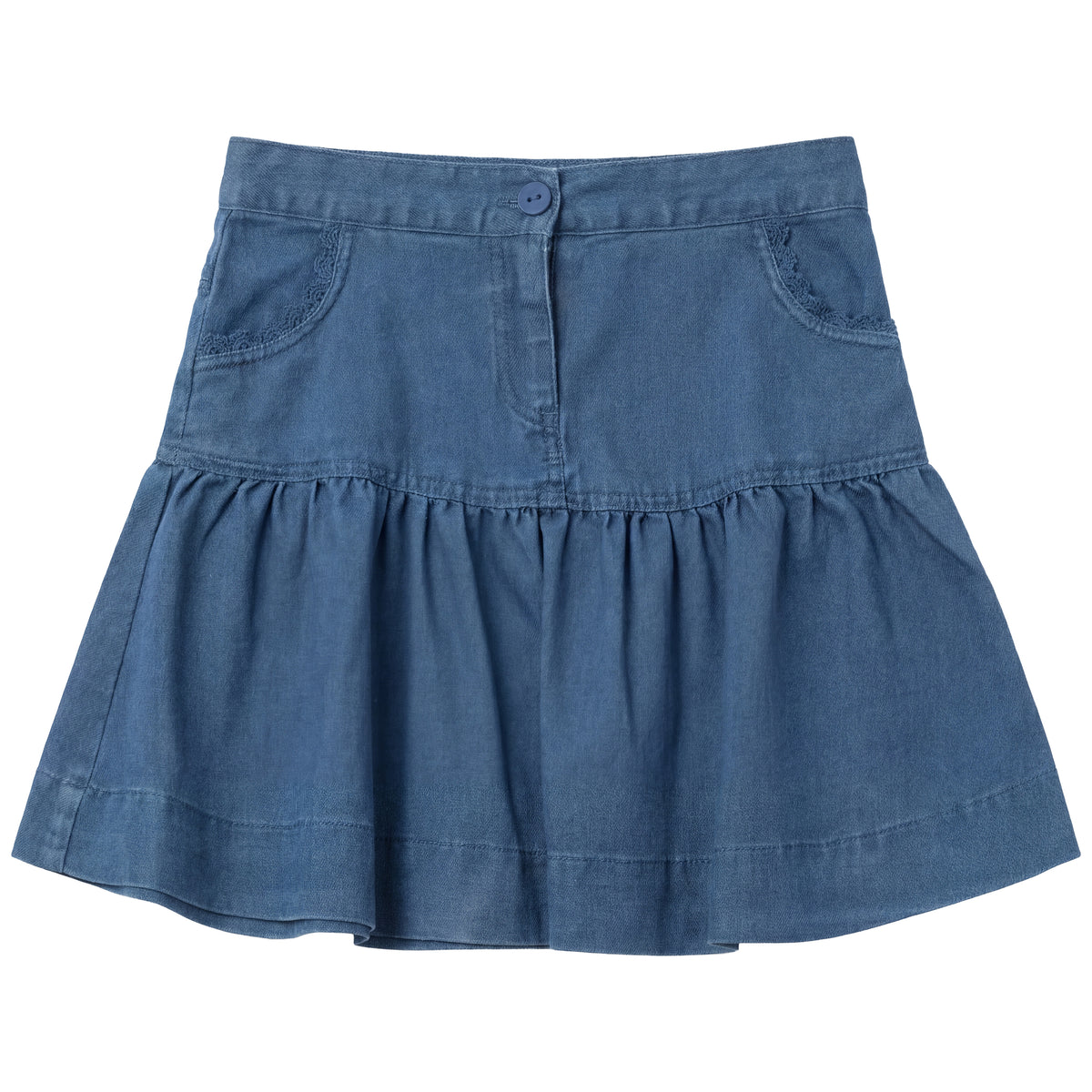 Denim Lace Trim Skirt in Dark Denim Wash by Charlotte & George