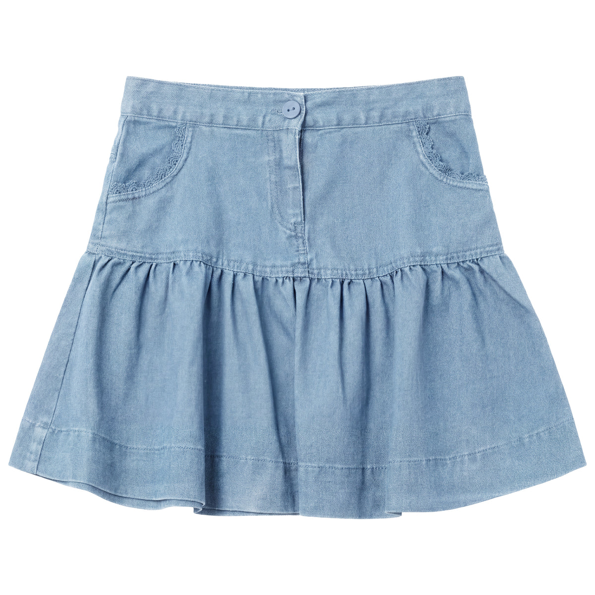 Denim Lace Trim Skirt in Light Denim Wash by Charlotte & George