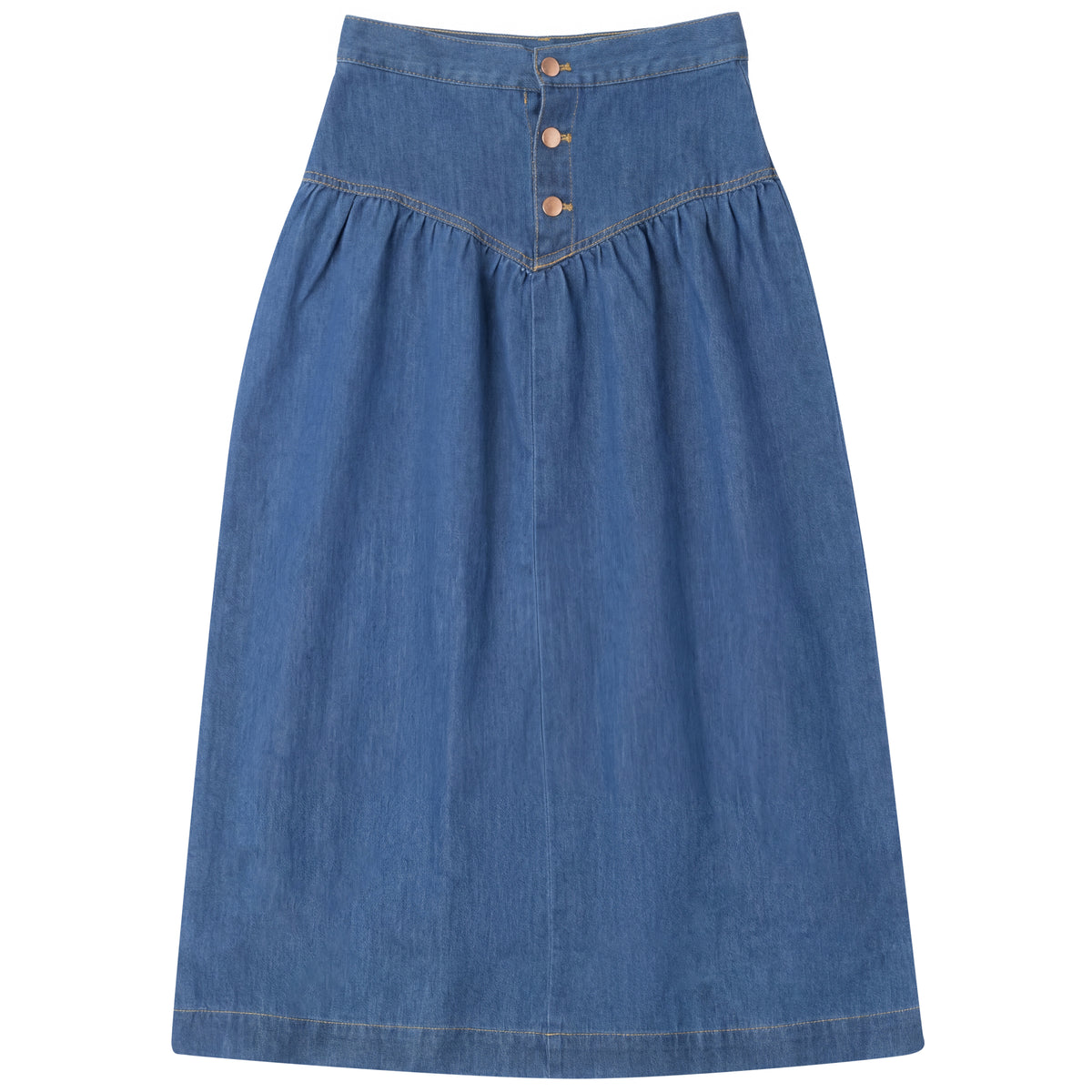 Denim V Yoke Skirt in Dark Denim Wash by FYI
