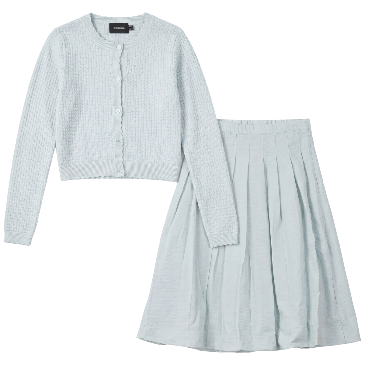 Pattern Knit Cardigan Skirt Set in Dusty Blue by Hopscotch
