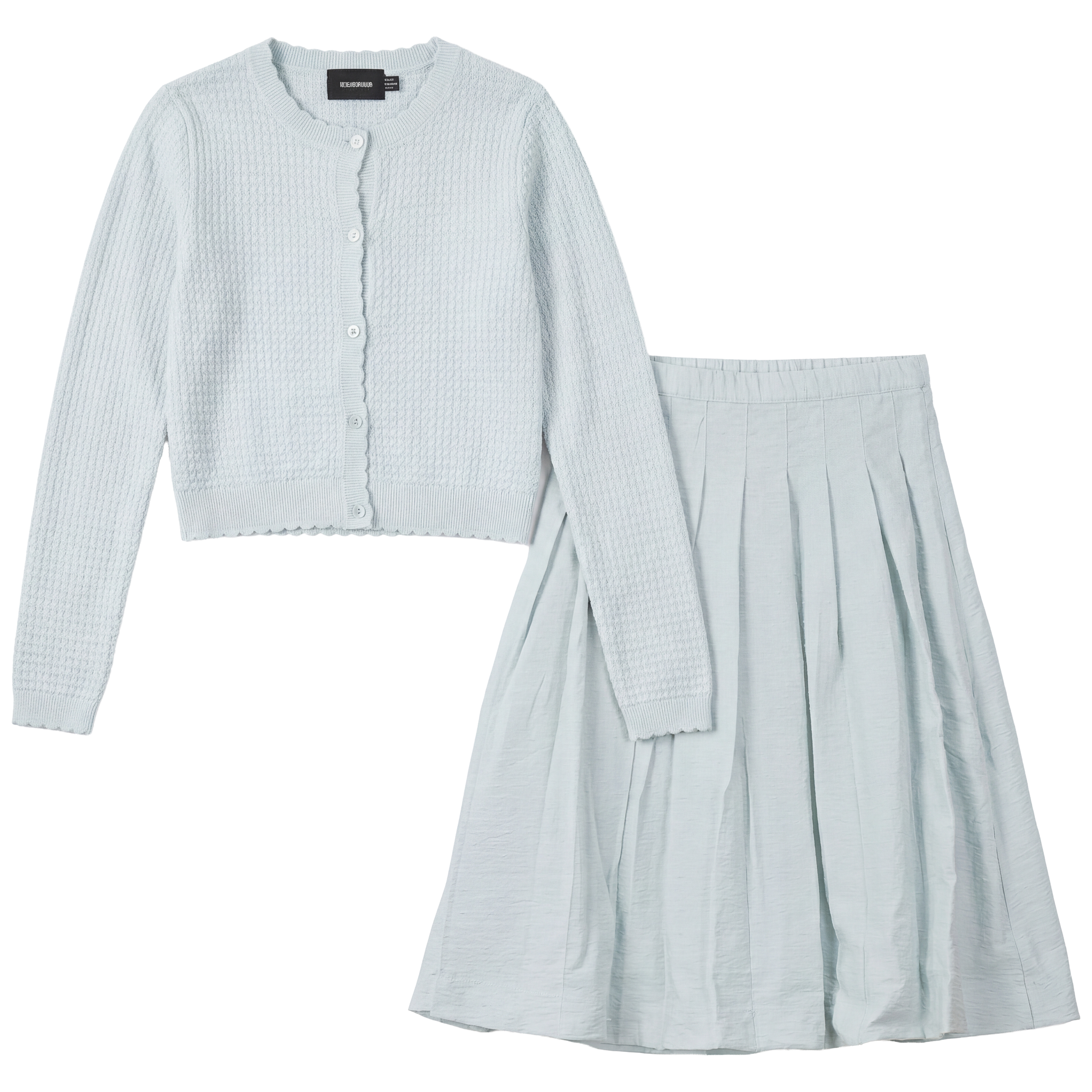 Pattern Knit Cardigan Skirt Set in Dusty Blue by Hopscotch